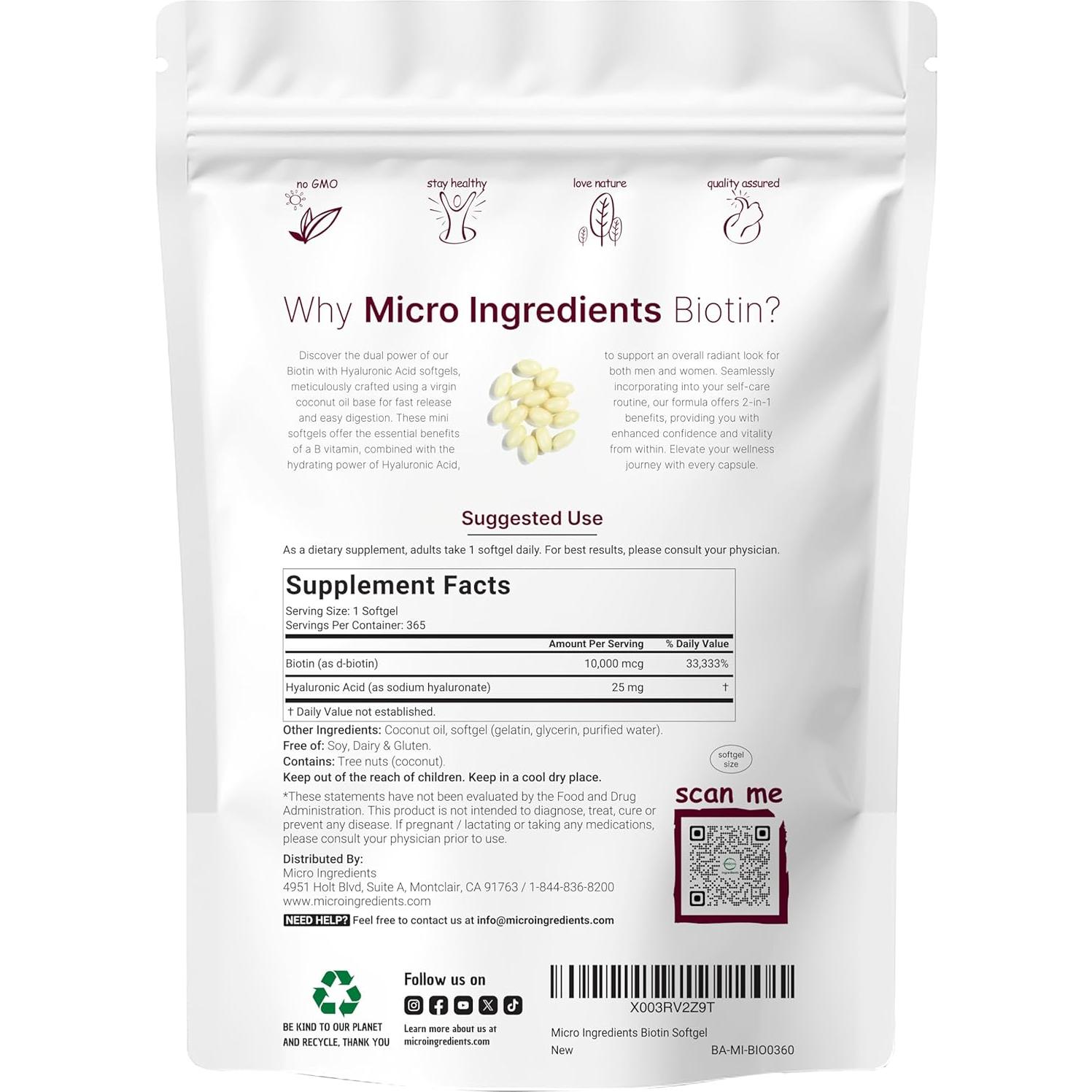 Biotina 10,000mcg Micro Ingredients con Ácido Hialurónico 25mg