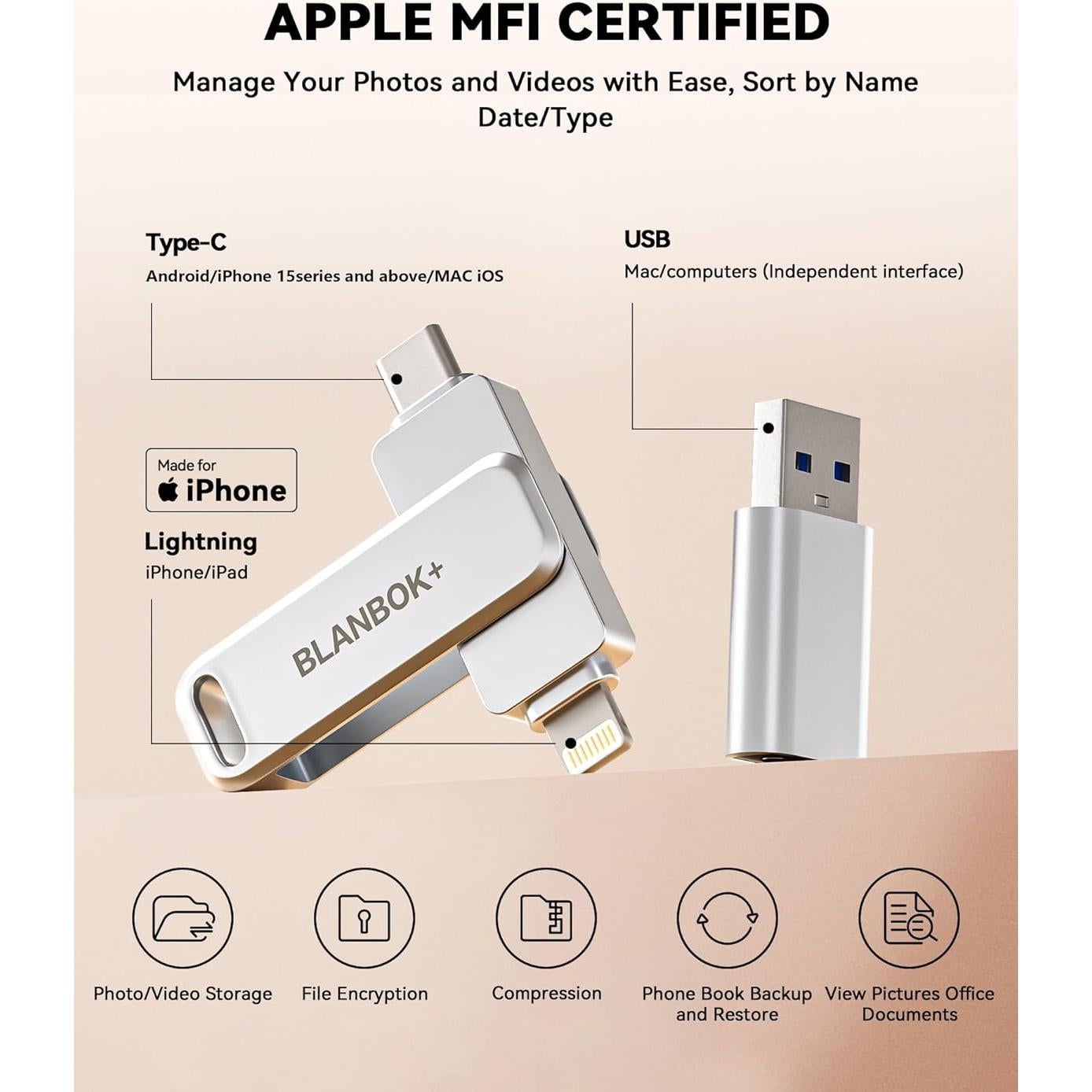 Unidad Flash MFi 128GB BLANBOK+ para iPhone y Android