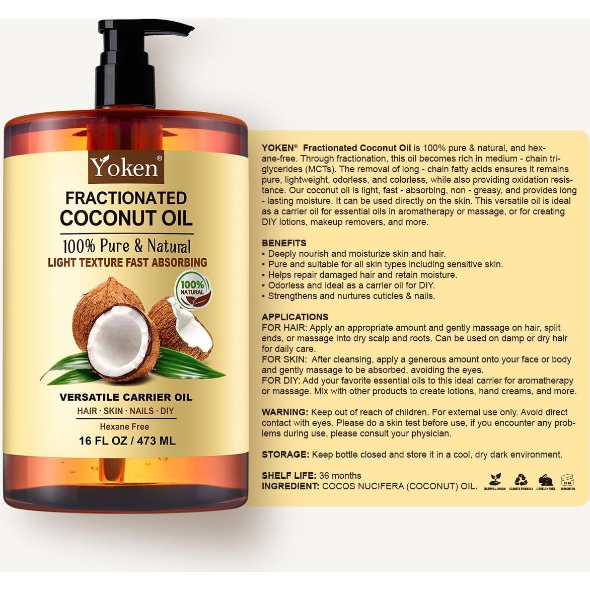 Aceite de Coco Fraccionado Yoken 500 ml, 100% Puro y Natural