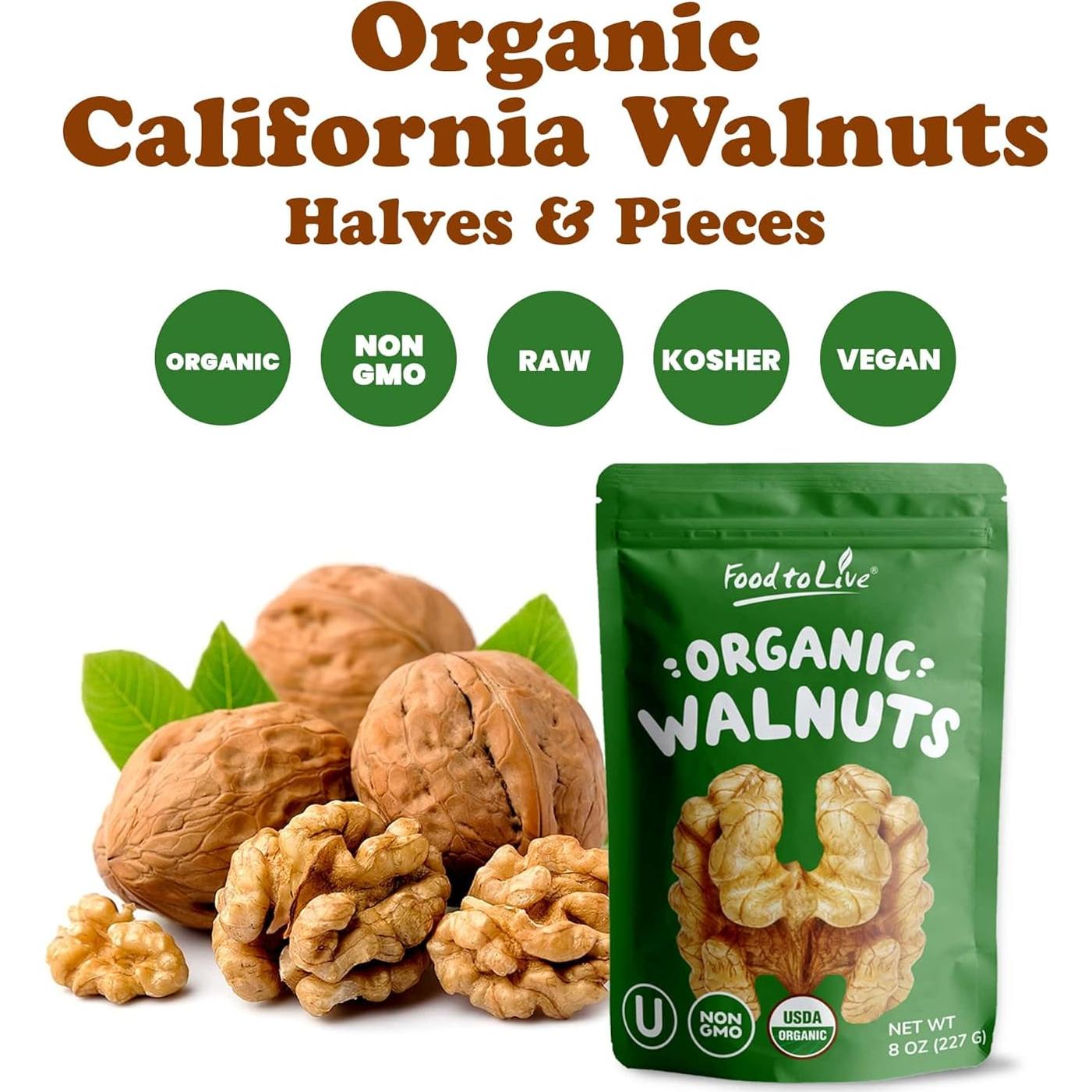 Food to Live Organic California Walnuts, 10 Pounds Halves & Pieces, Raw Nuts, Unsalted, No Shell, Suitable for Sirtfood Diet