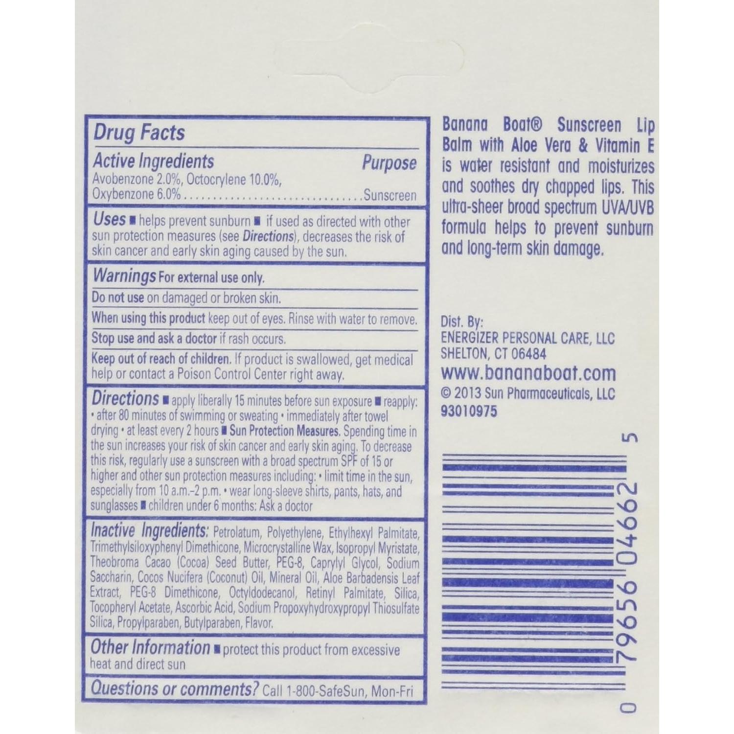 Bálsamo Labial Protector Solar Banana Boat Aloe Vera SPF 45 - 3 Unidades