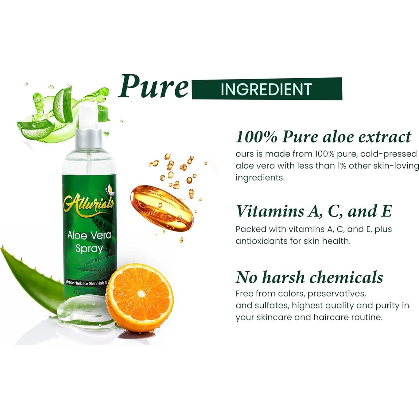 Spray de Aloe Vera Orgánico Allurials 340g - Hidrata Piel y Cabello