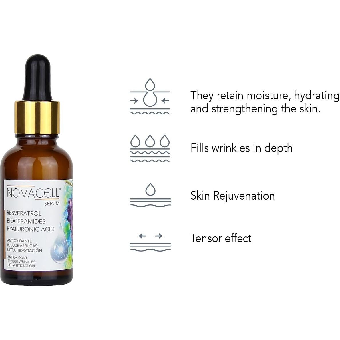 Suero Facial Antienvejecimiento NOVACELL 30 ml - Resveratrol, Bioceramidas y Ácido Hialurónico
