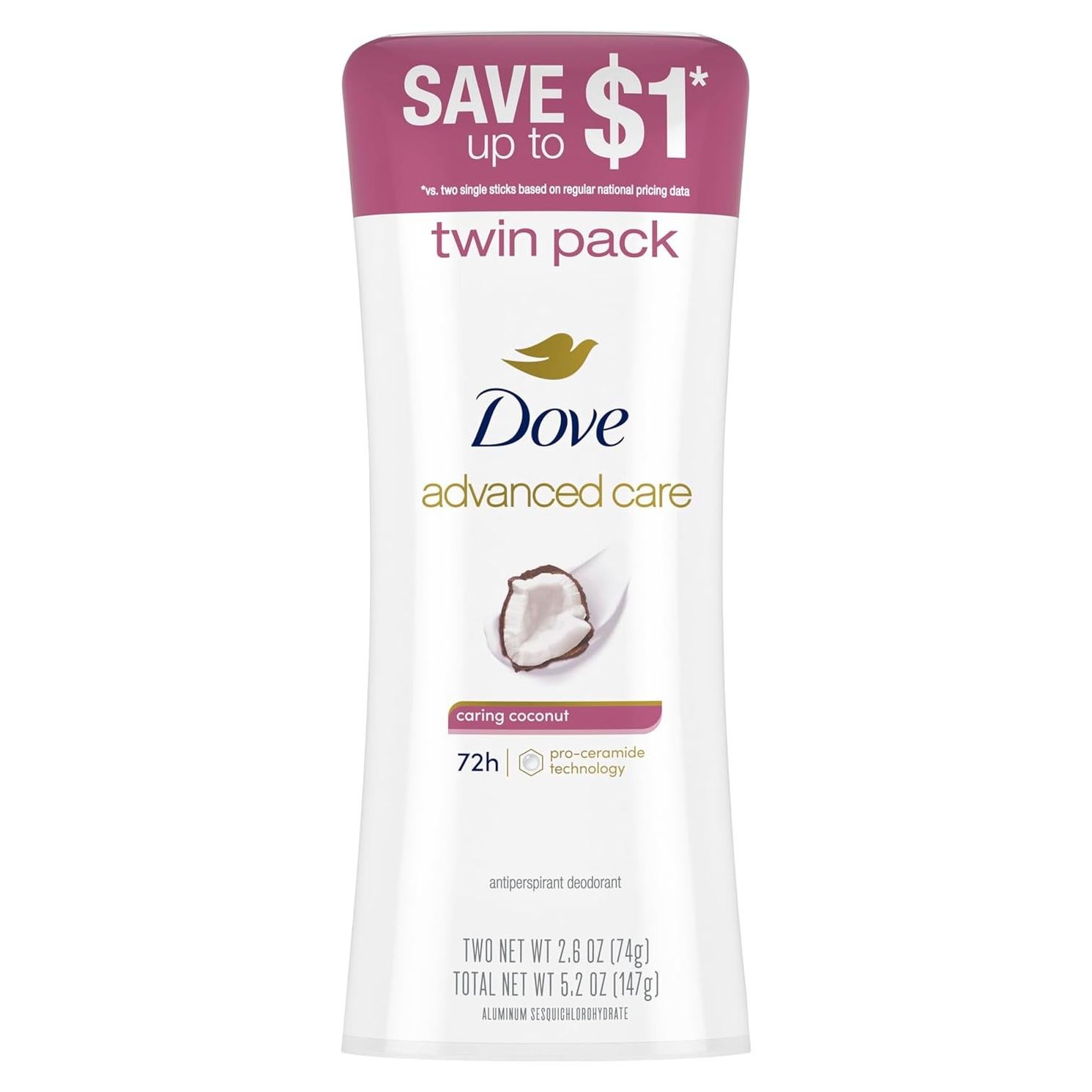Desodorante Antitranspirante Dove Coco Cuidadoso 73.9g x2