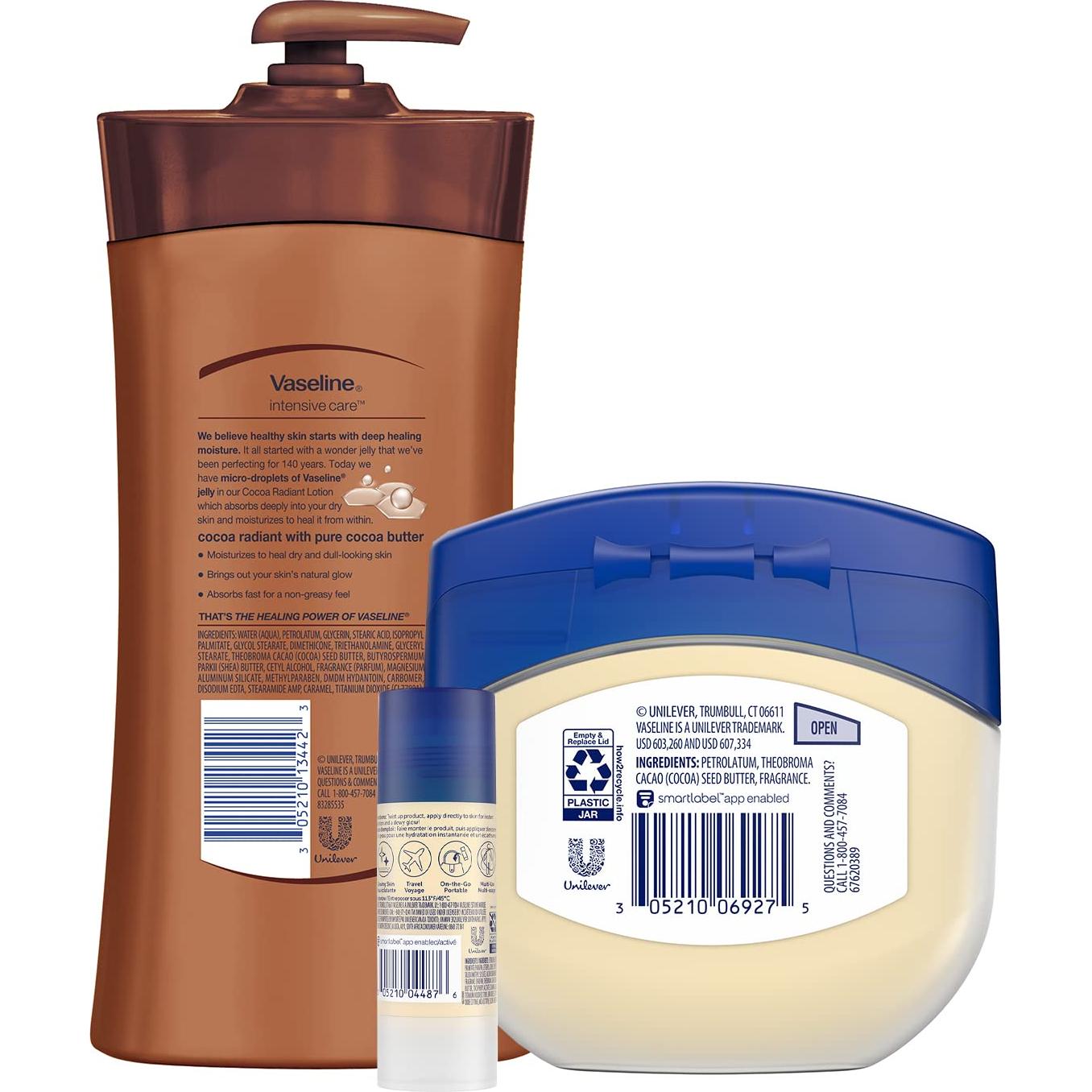 Loción Vaseline Cuidado Intensivo Radiant Cocoa 575 g + Gel 213 g + Barra 40 g
