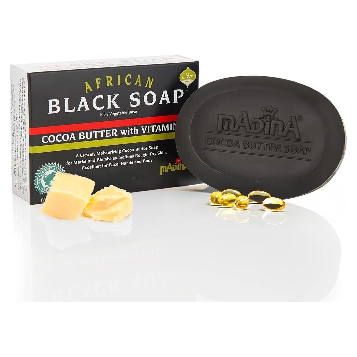 Jabón Negro Africano Madina - Hidratante con Manteca de Cacao, 6 Piezas