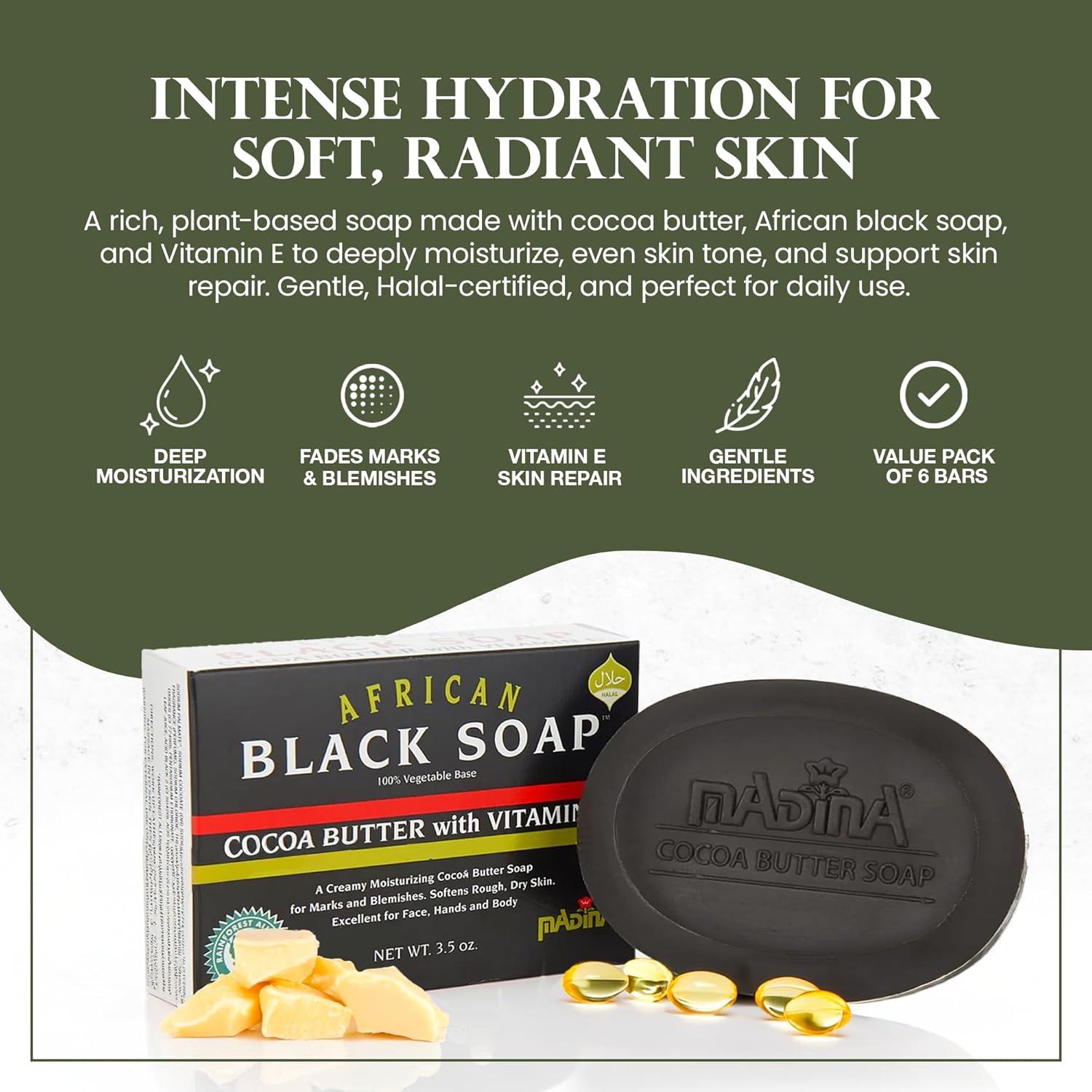 Jabón Negro Africano Madina - Hidratante con Manteca de Cacao, 6 Piezas