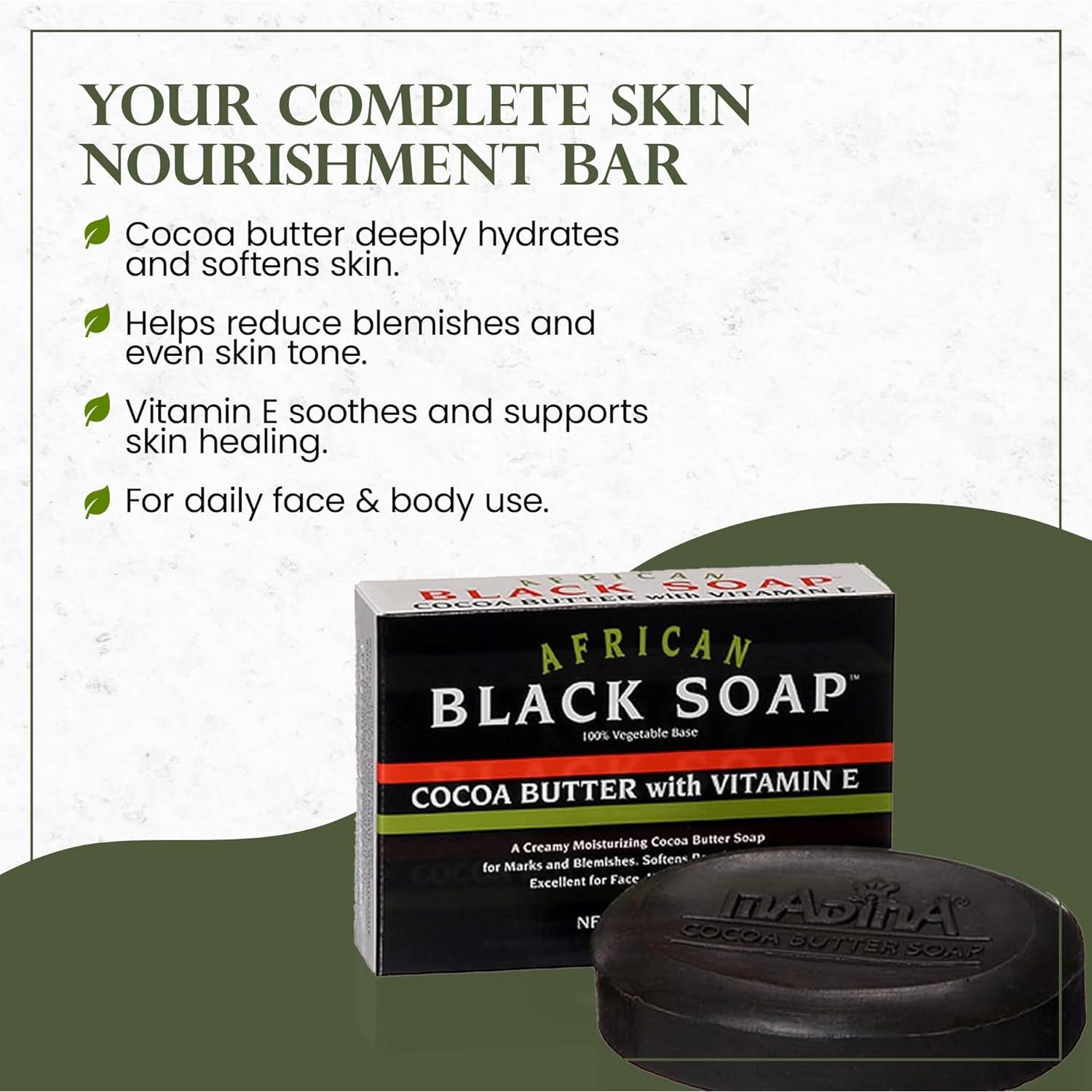 Jabón Negro Africano Madina - Hidratante con Manteca de Cacao, 6 Piezas