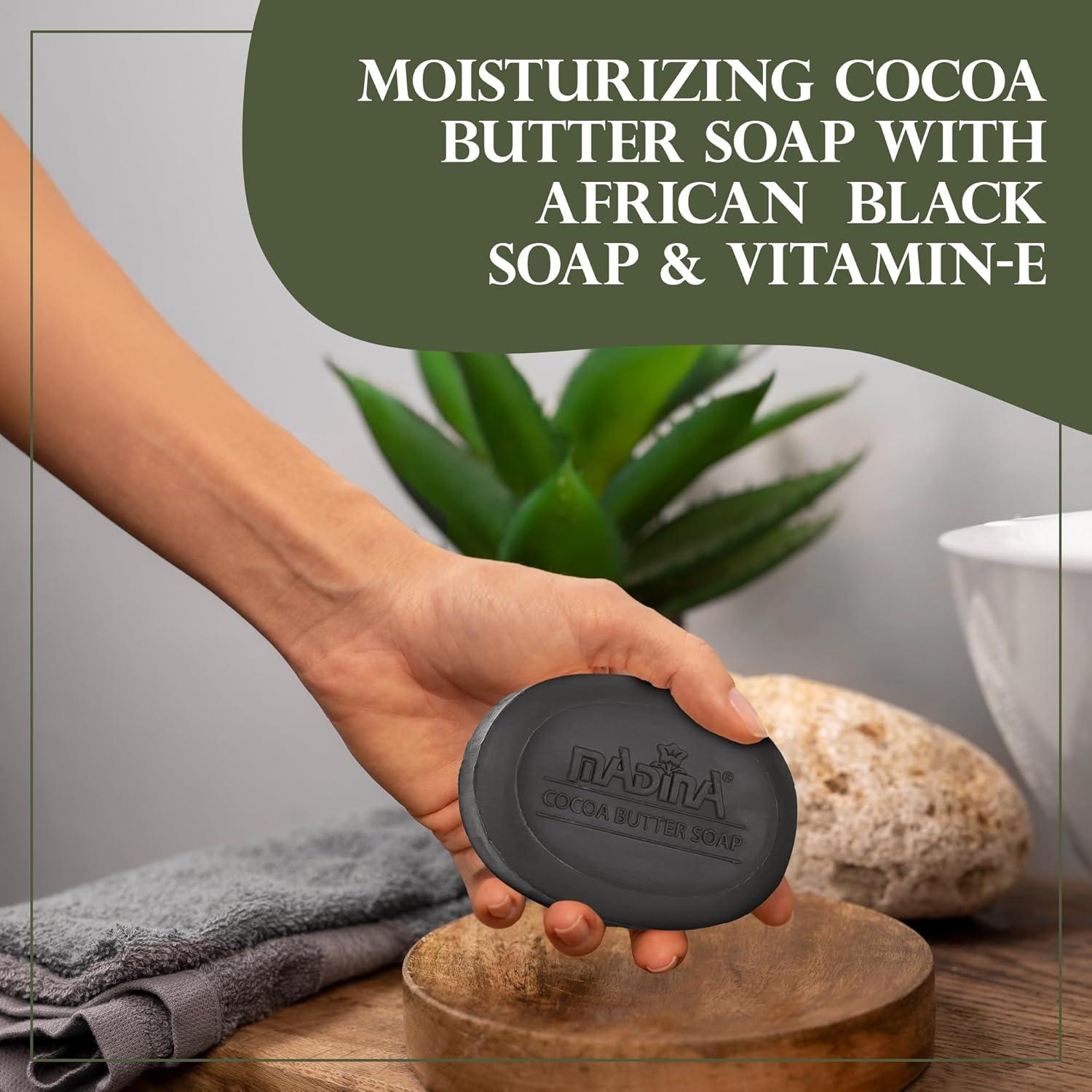 Jabón Negro Africano Madina - Hidratante con Manteca de Cacao, 6 Piezas