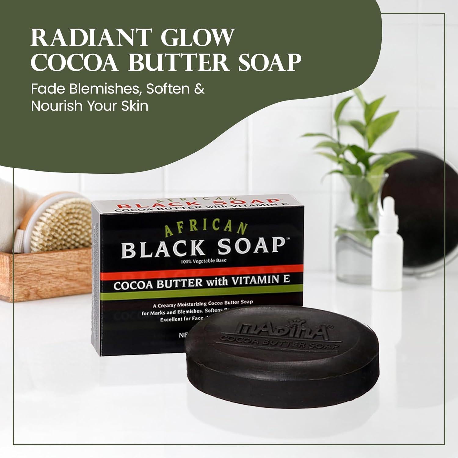 Jabón Negro Africano Madina - Hidratante con Manteca de Cacao, 6 Piezas