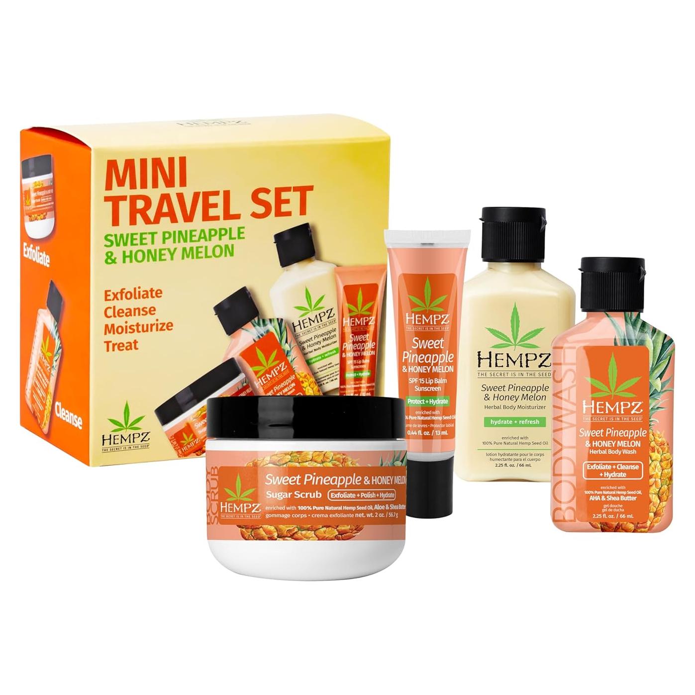 Kit de Viaje Mini Hempz: Gel de Ducha, Loción, Exfoliante y Bálsamo Labial
