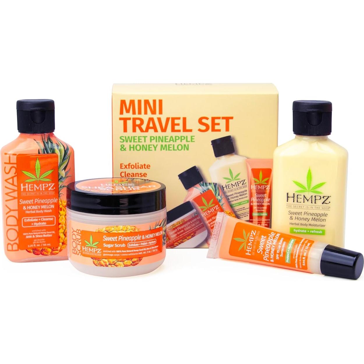 Kit de Viaje Mini Hempz: Gel de Ducha, Loción, Exfoliante y Bálsamo Labial