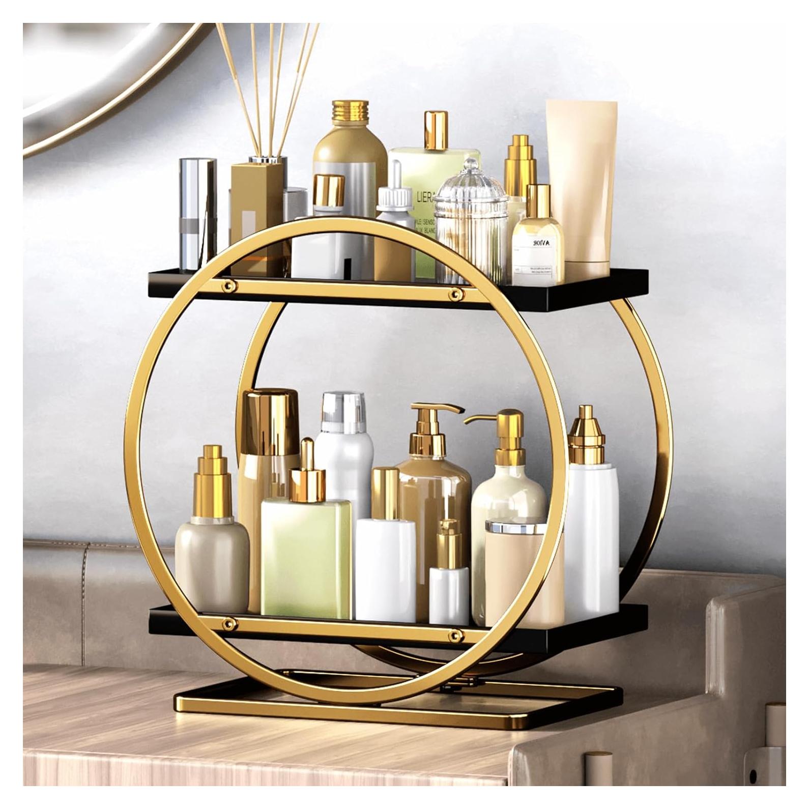 Organizador de Maquillaje YIWANFW Negro y Dorado 2 Niveles