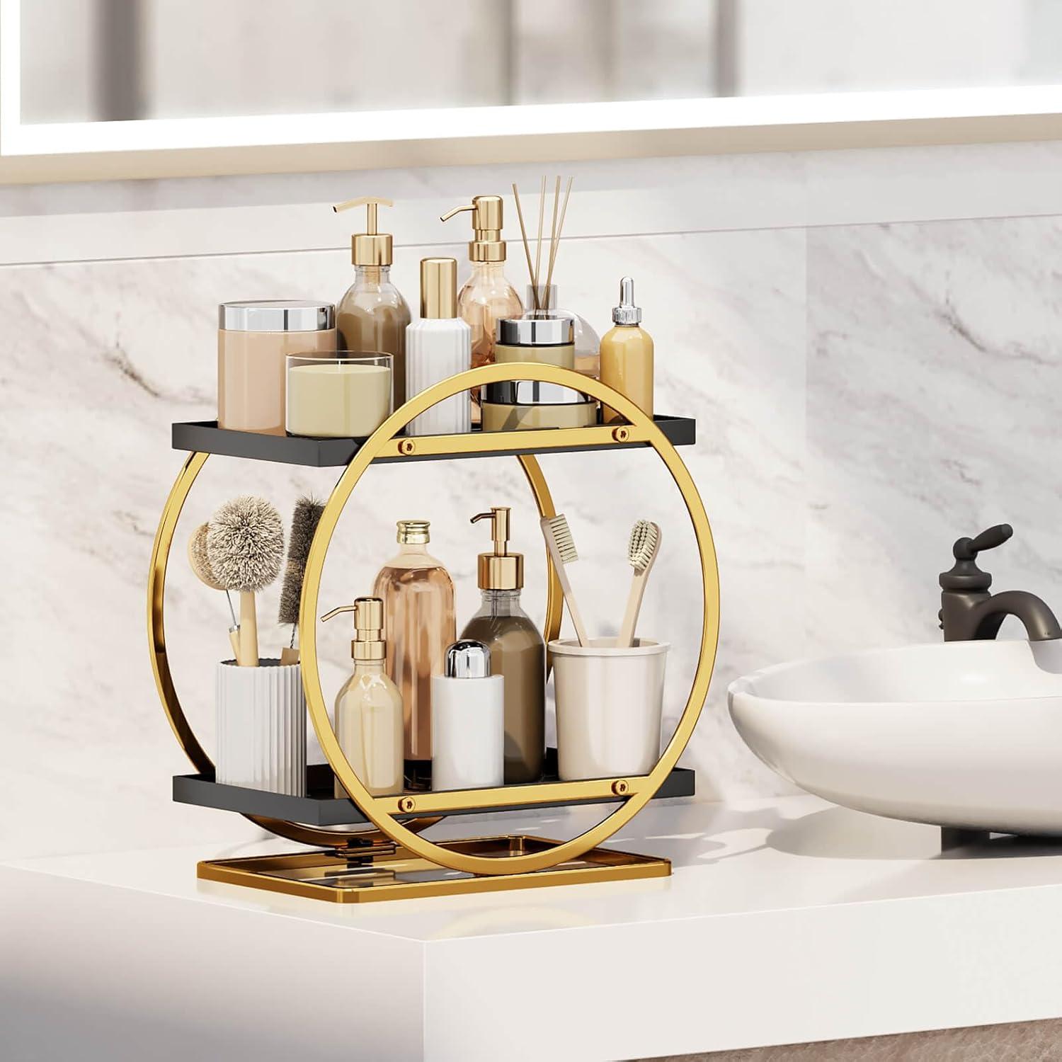 Organizador de Maquillaje YIWANFW Negro y Dorado 2 Niveles