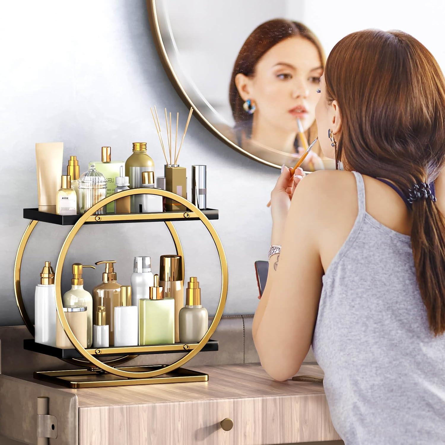 Organizador de Maquillaje YIWANFW Negro y Dorado 2 Niveles