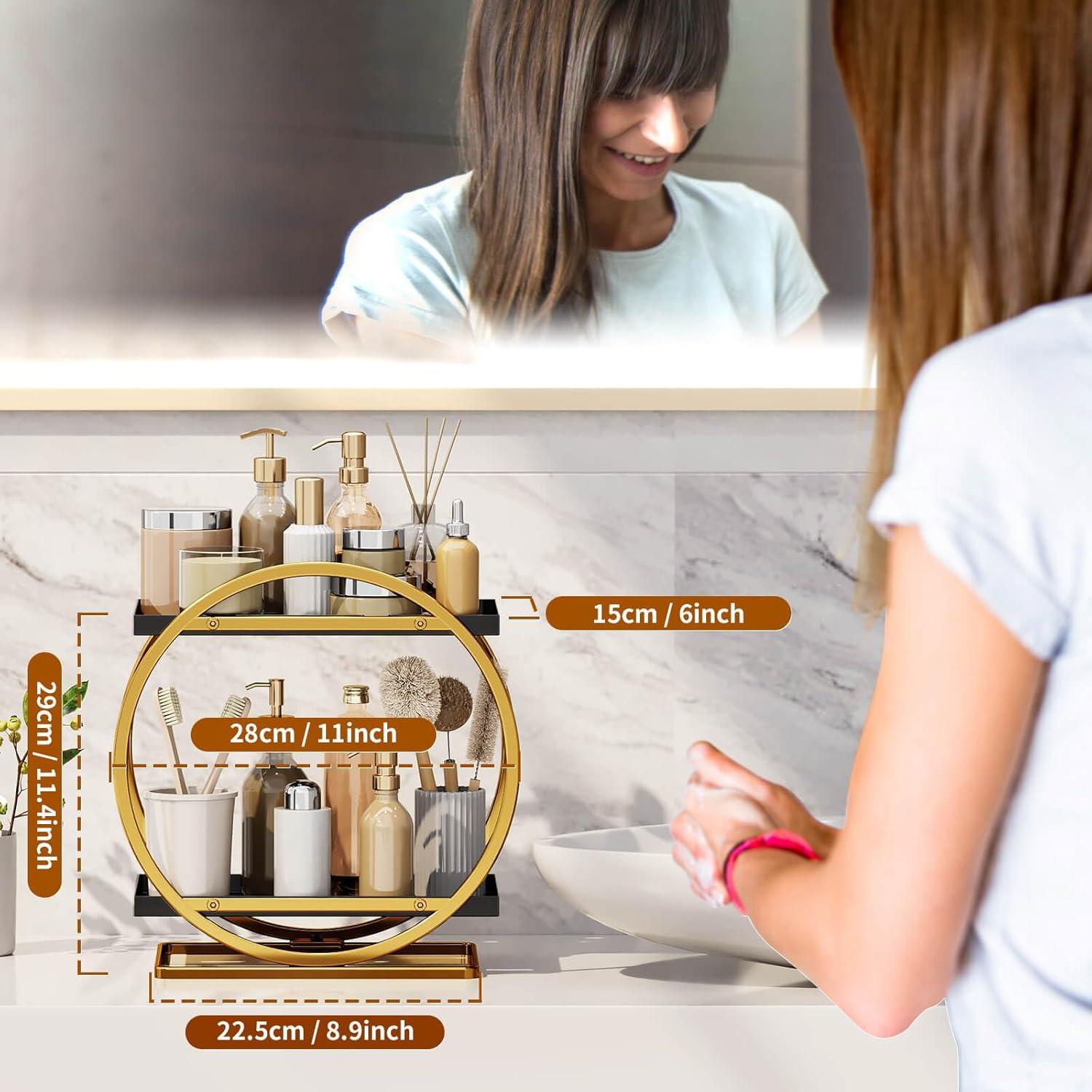 Organizador de Maquillaje YIWANFW Negro y Dorado 2 Niveles