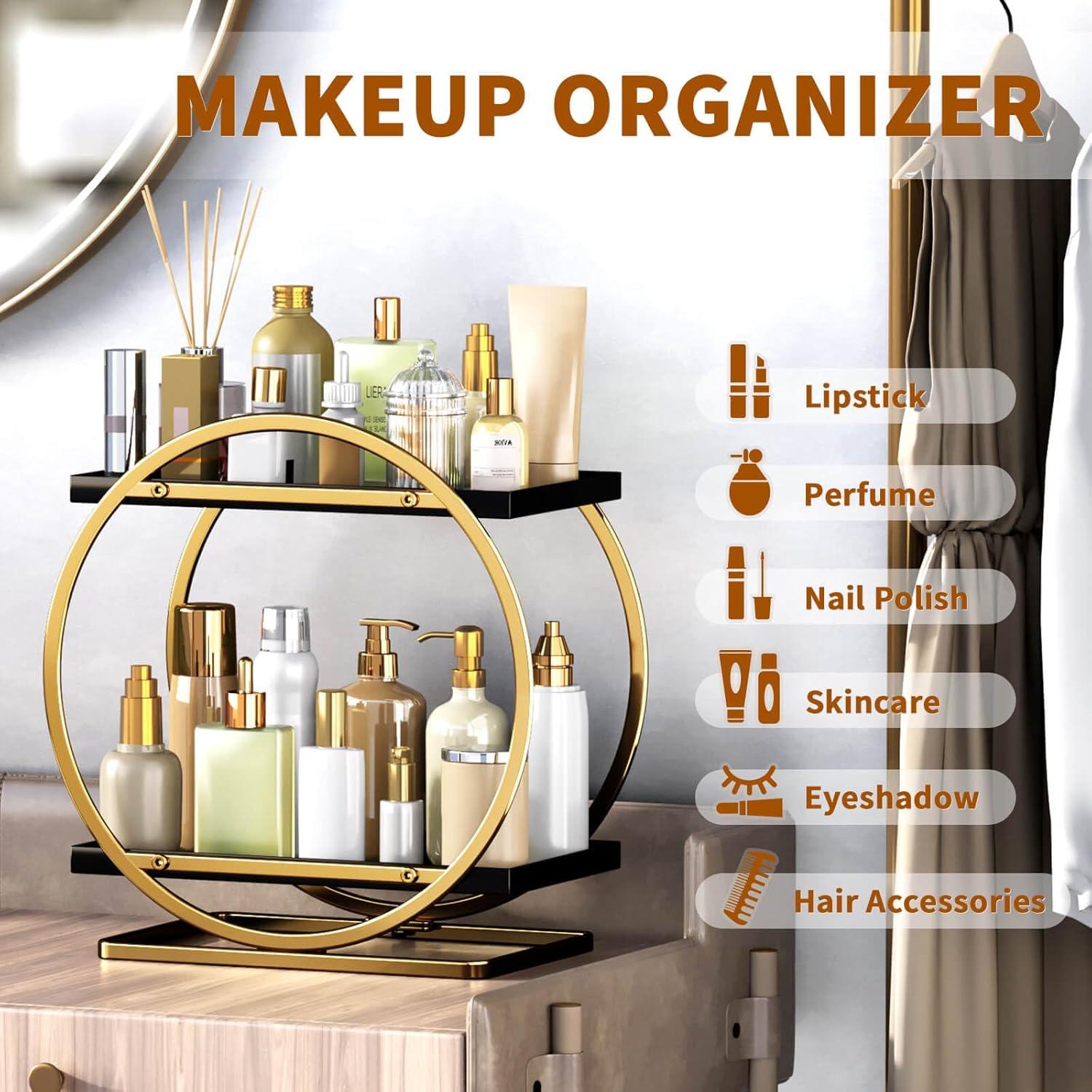 Organizador de Maquillaje YIWANFW Negro y Dorado 2 Niveles