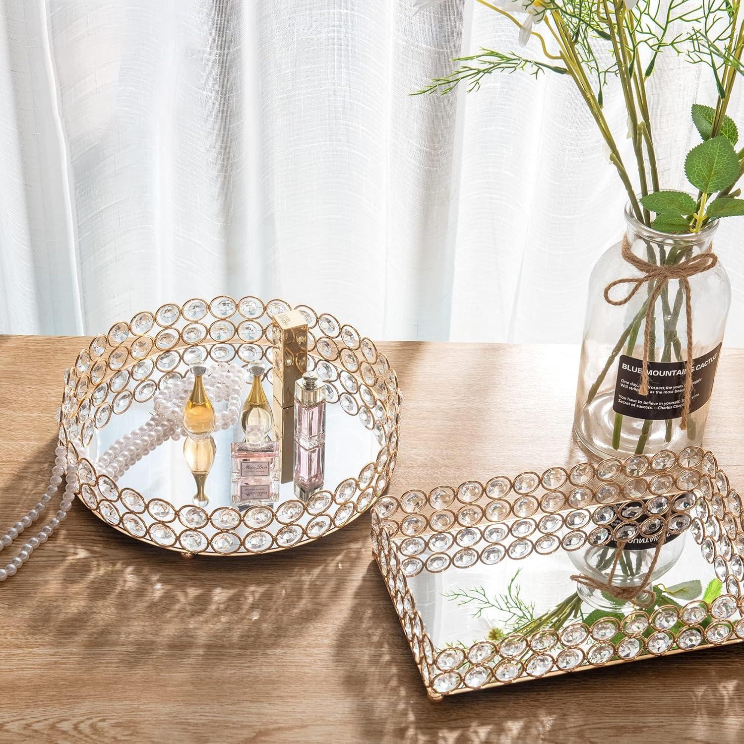 Bandeja de Cristal Dorada Feyarl 25 cm para Maquillaje y Joyería