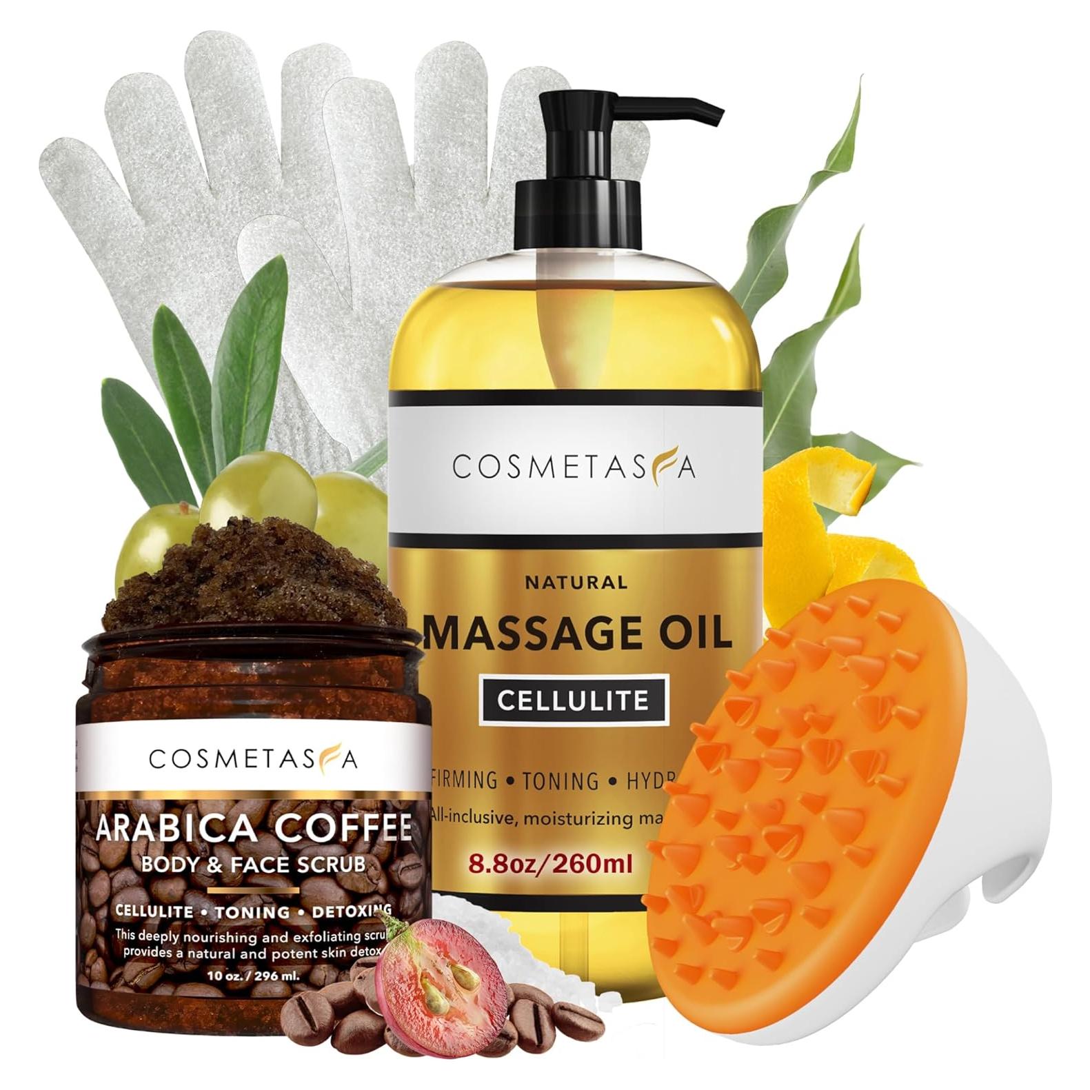 Kit de Masaje Anticelulitis Cosmetasa - Aceite, Exfoliante y Guantes