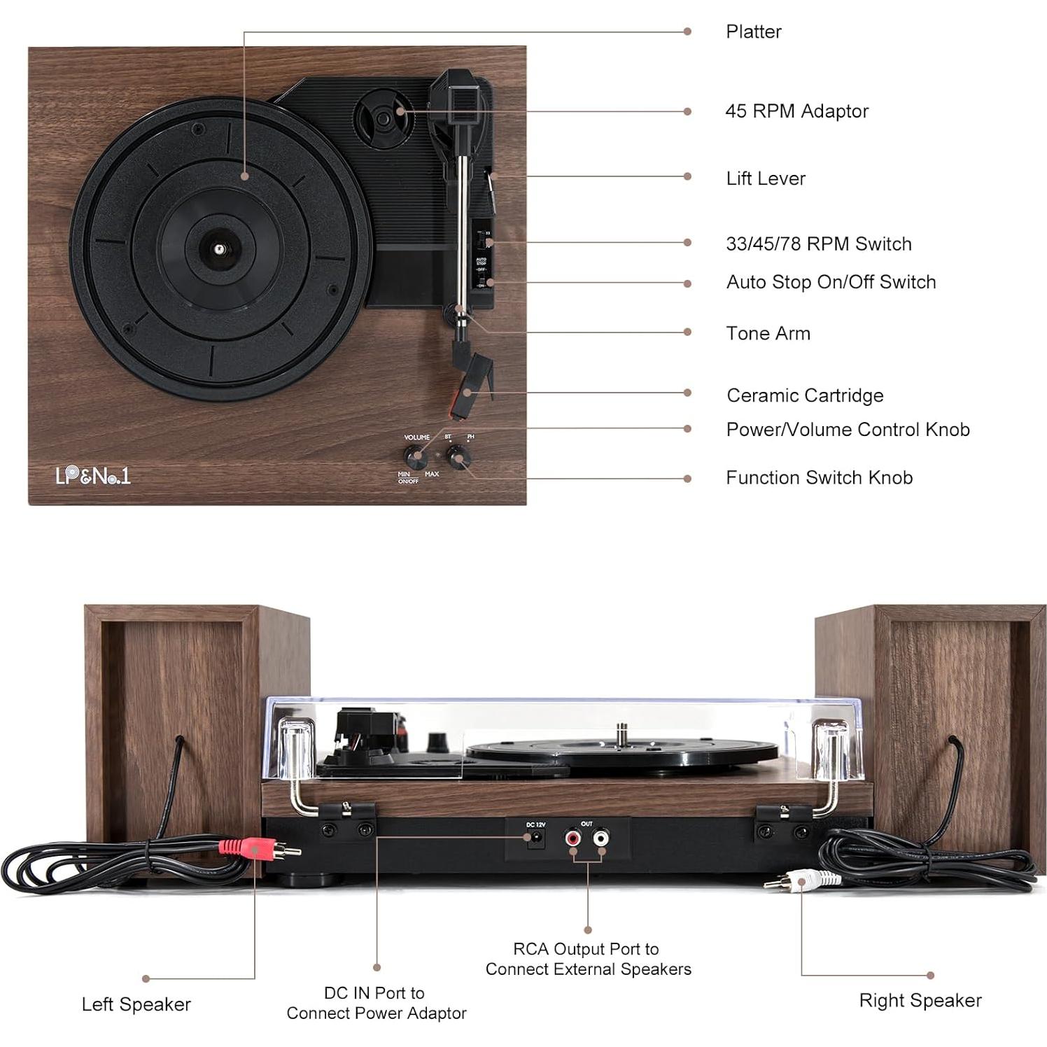 Tocadiscos LP&No.1 Vintage con Altavoces Estéreo 3 Velocidades