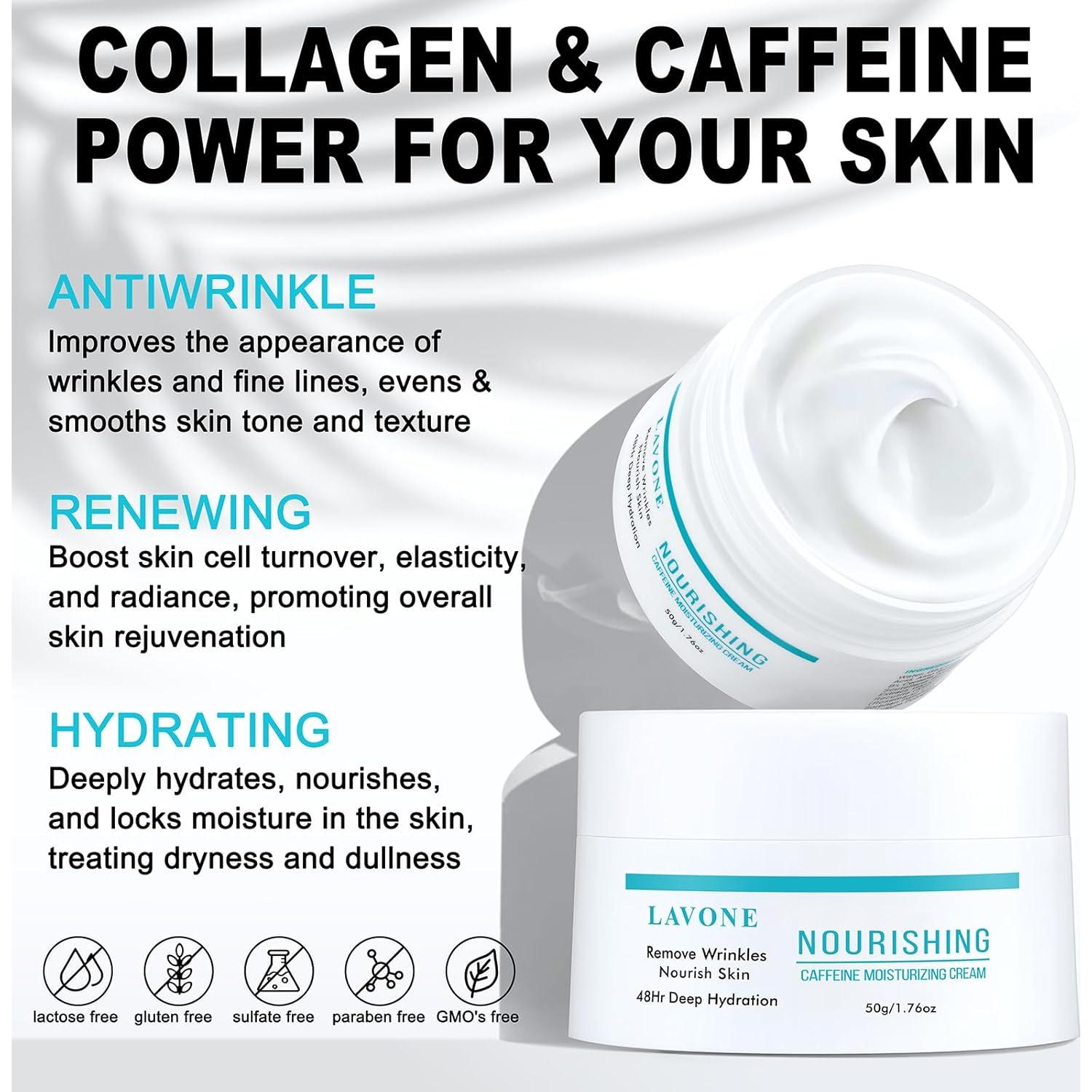 Crema Hidratante Facial LAVONE 52.5 ml con Cafeína y Ácido Hialurónico