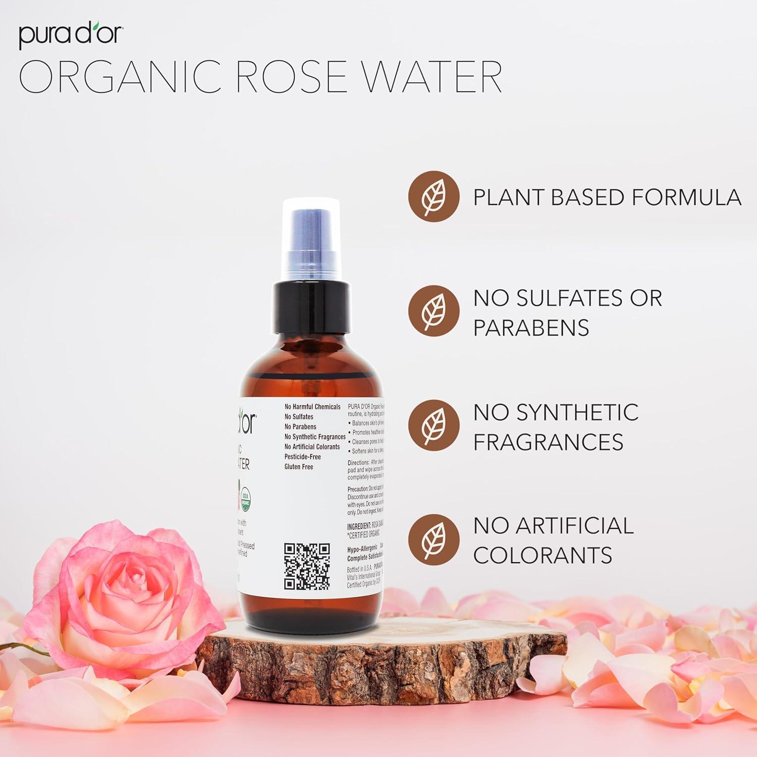 Tónico Facial de Agua de Rosa Orgánica PURA D'OR 118 ml - Hidratante y Control de Aceites