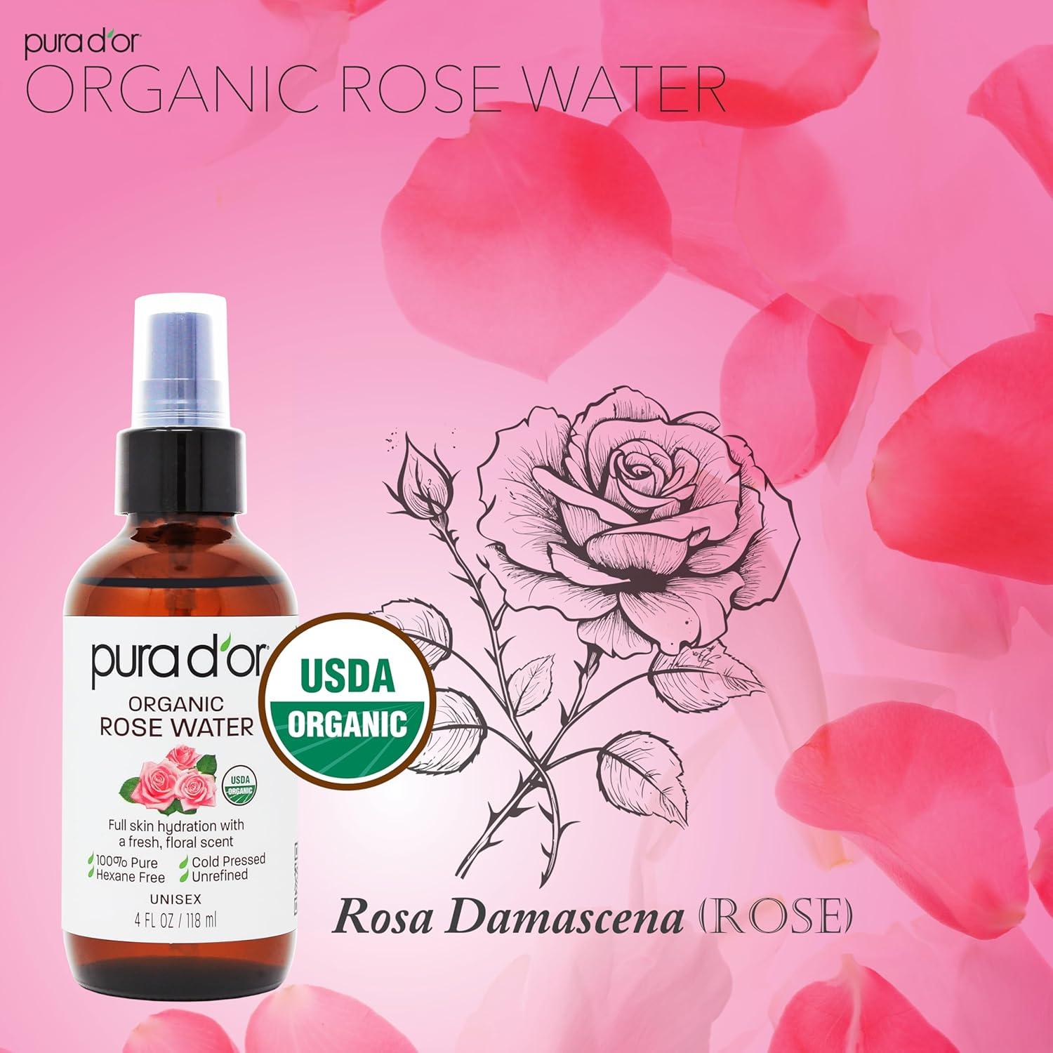 Tónico Facial de Agua de Rosa Orgánica PURA D'OR 118 ml - Hidratante y Control de Aceites