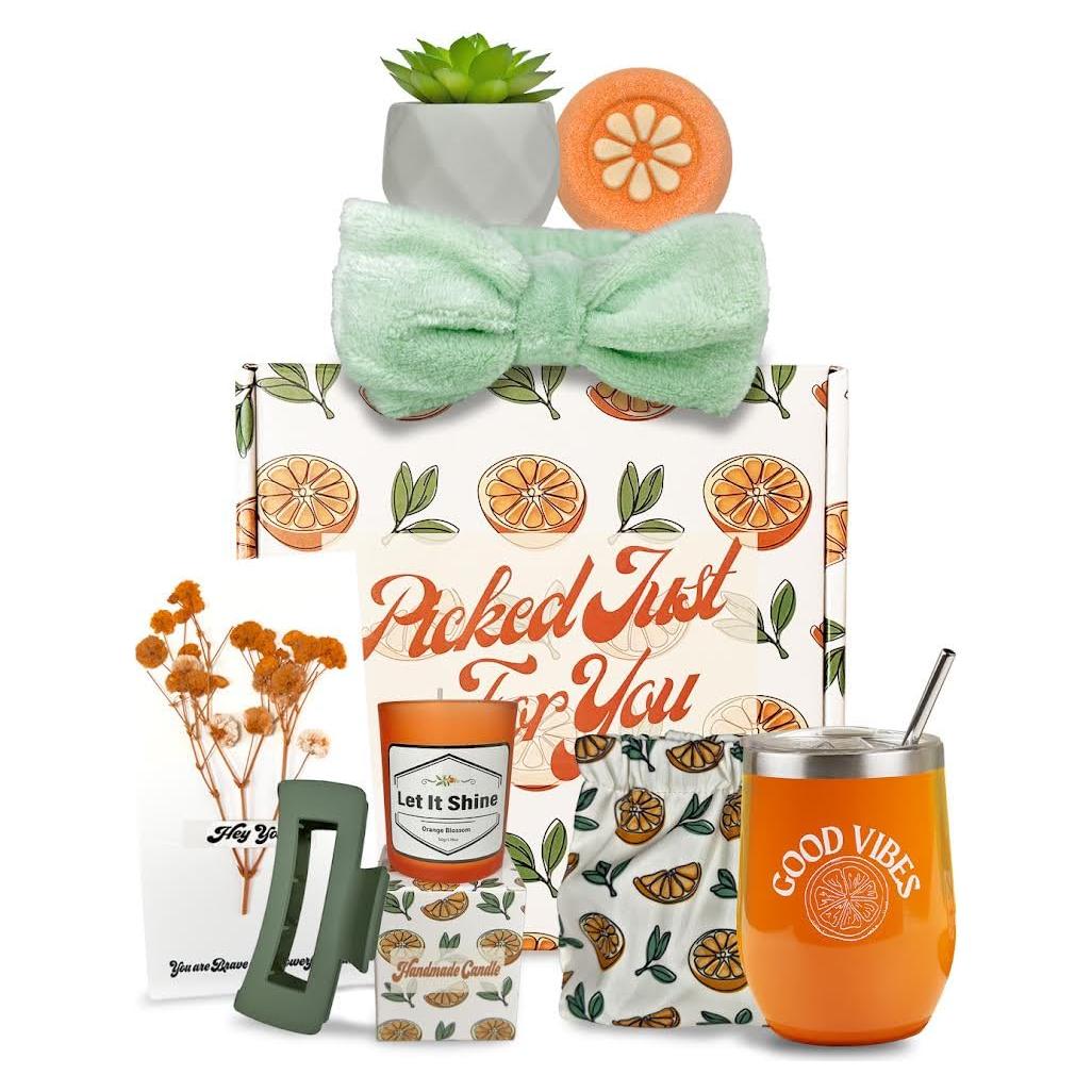 Cesta de Regalo Temática Naranja Sunny&Wise para Mujeres - Autocuidado 9 Piezas
