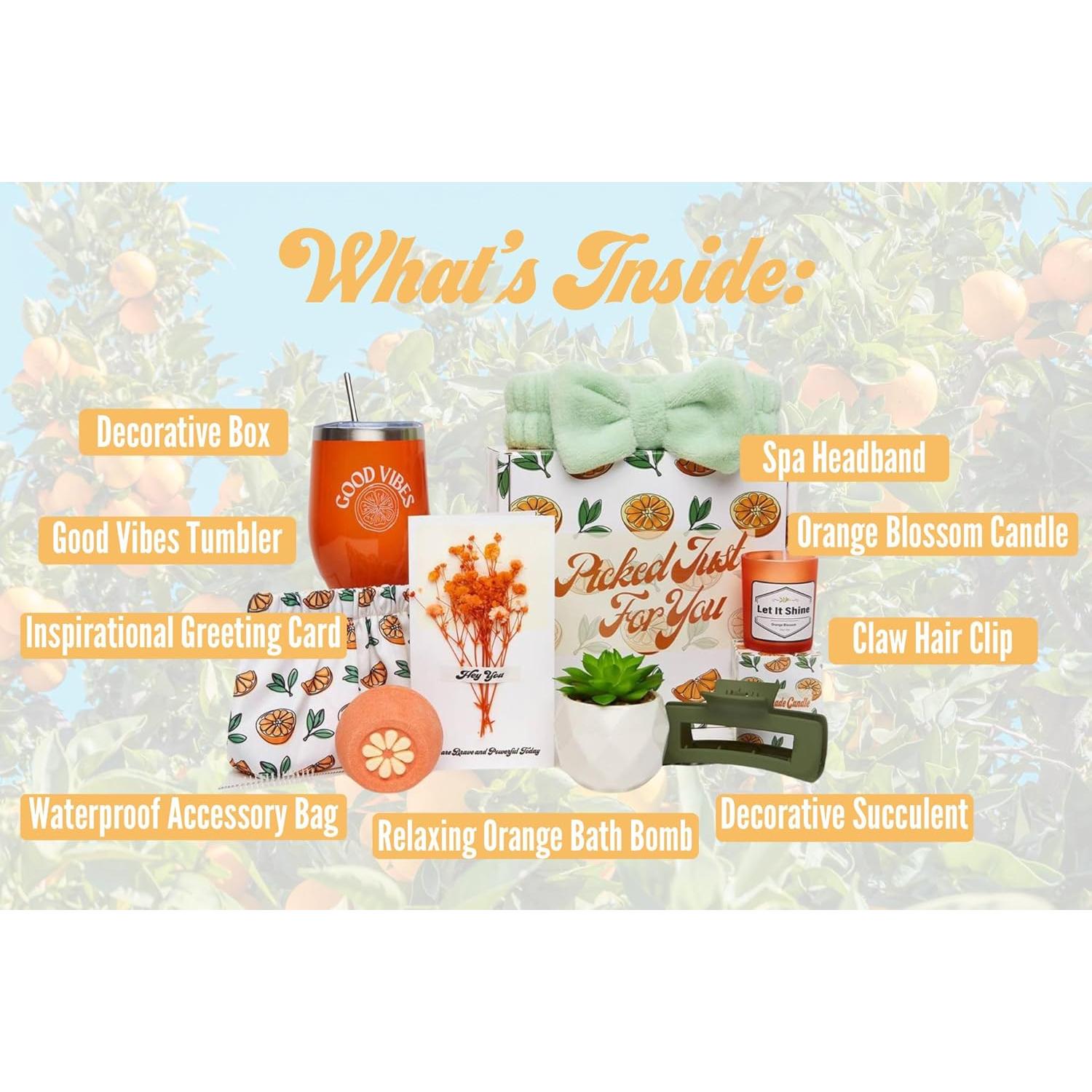 Cesta de Regalo Temática Naranja Sunny&Wise para Mujeres - Autocuidado 9 Piezas