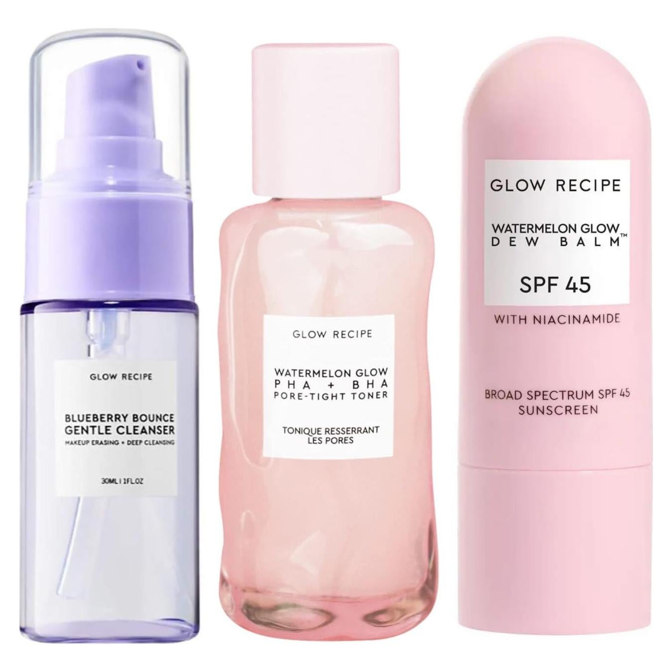 Kit de Limpieza Matutina Glow Recipe - Limpiador 30ml, Tónico 40ml, Balsamo Solar SPF 45