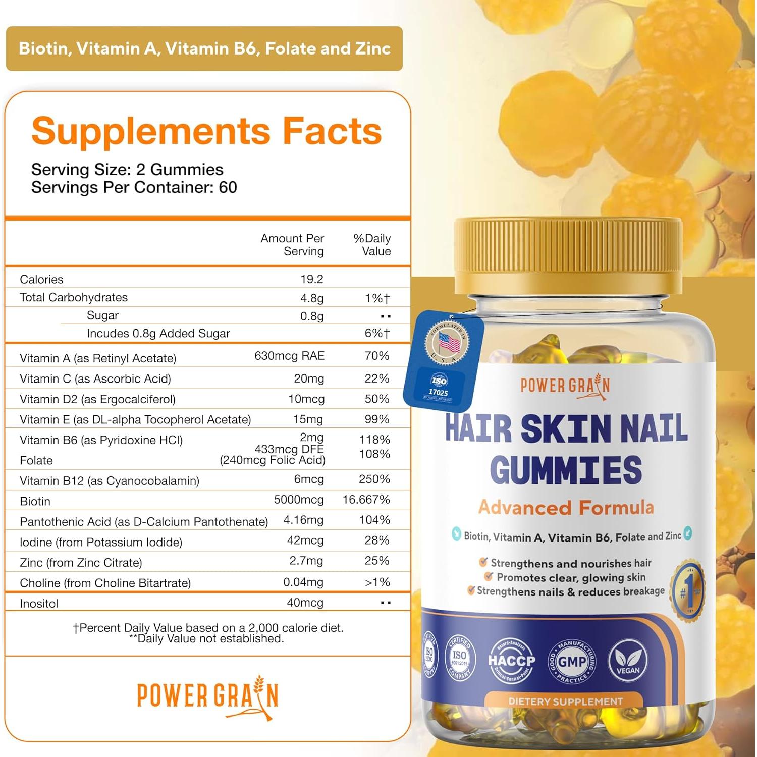 Gomitas Veganas Power Grain 5000 Mcg Biotina 219g - Cabello, Piel y Uñas