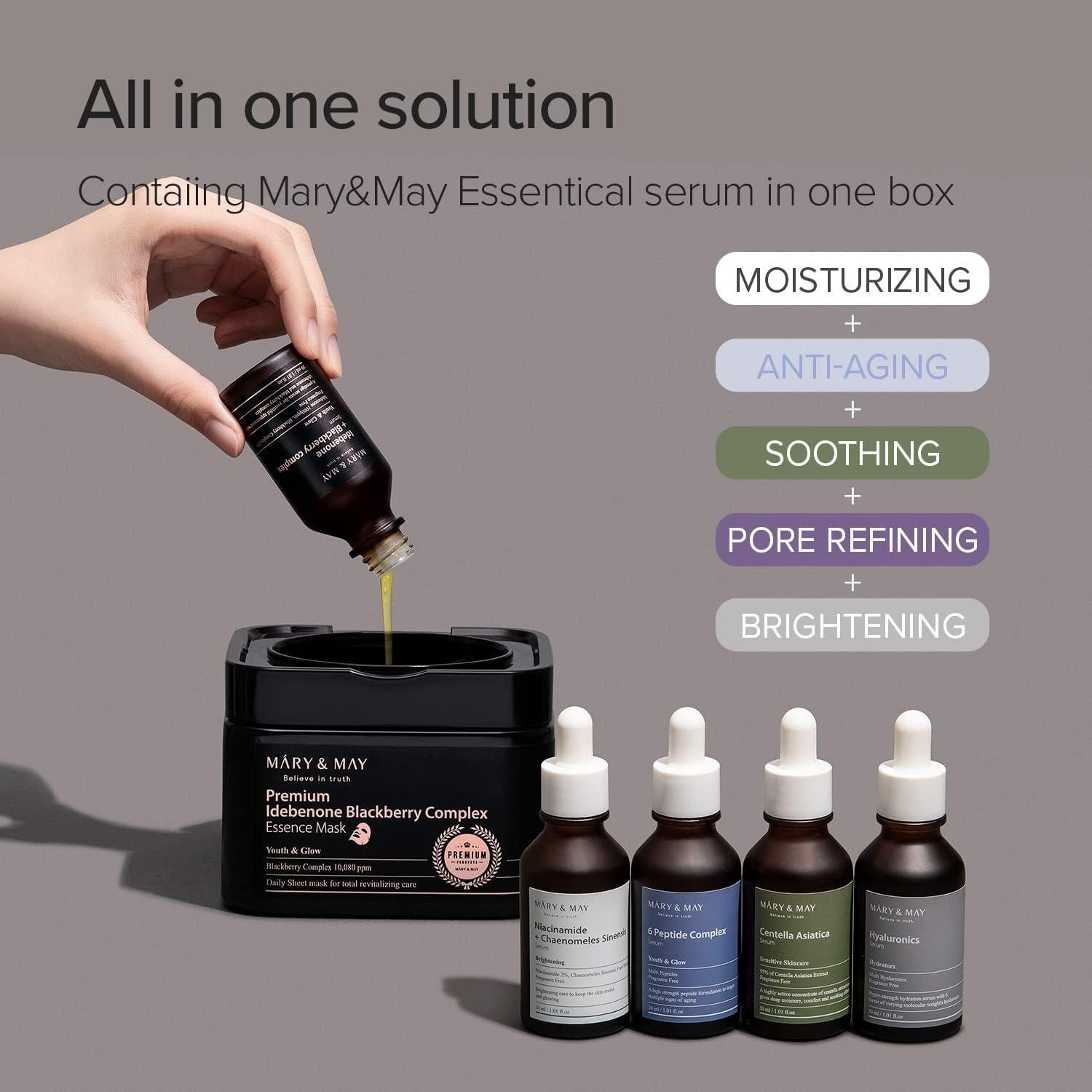 Esencia Facial Hidratante Mora Vegana Mary&May 140 ml + Máscara Antienvejecimiento 20 Hojas