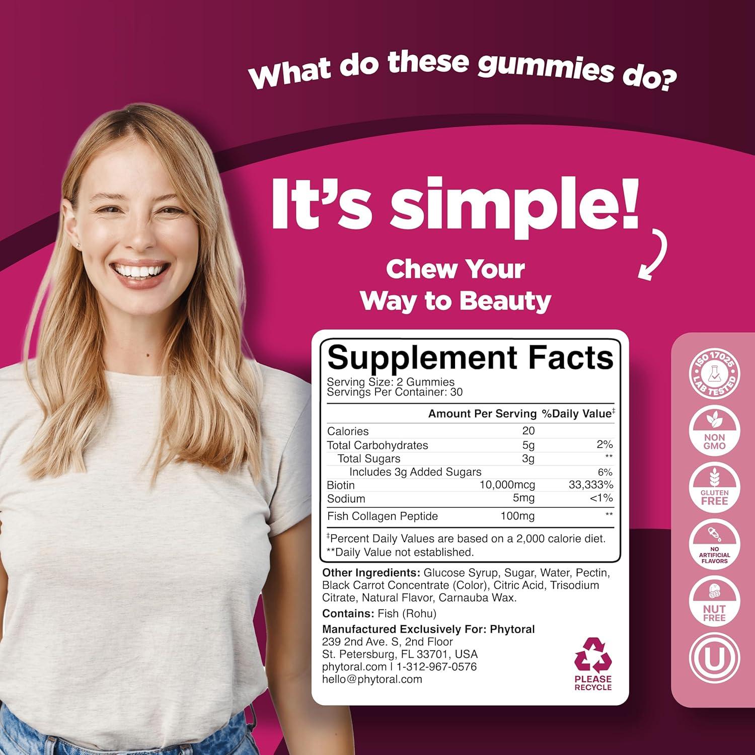 Gomitas de Colágeno Hidrolizado Phytoral 60 Unidades - Suplemento para Cabello, Piel y Uñas