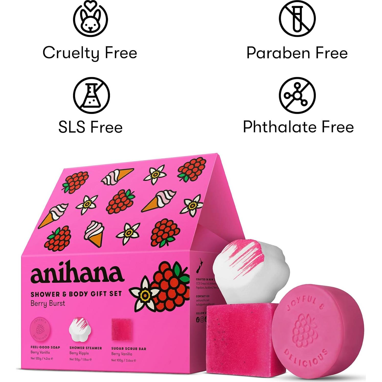 Conjunto de Regalo de Ducha Berry Burst Anihana - Jabón, Vaporera y Exfoliante