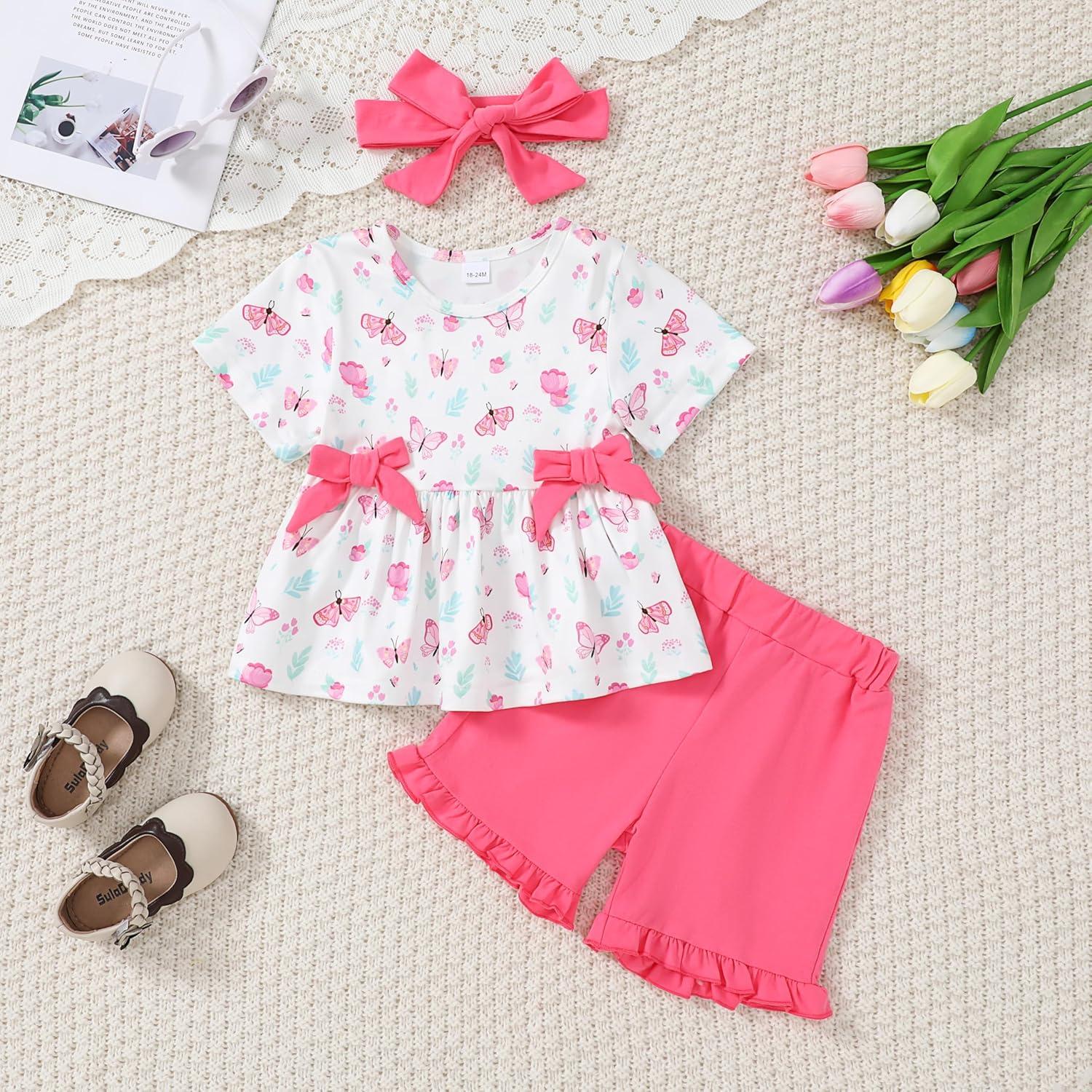 YALLET Conjunto Ropa Verano Niña 3 Piezas Rosa 6-12 Meses