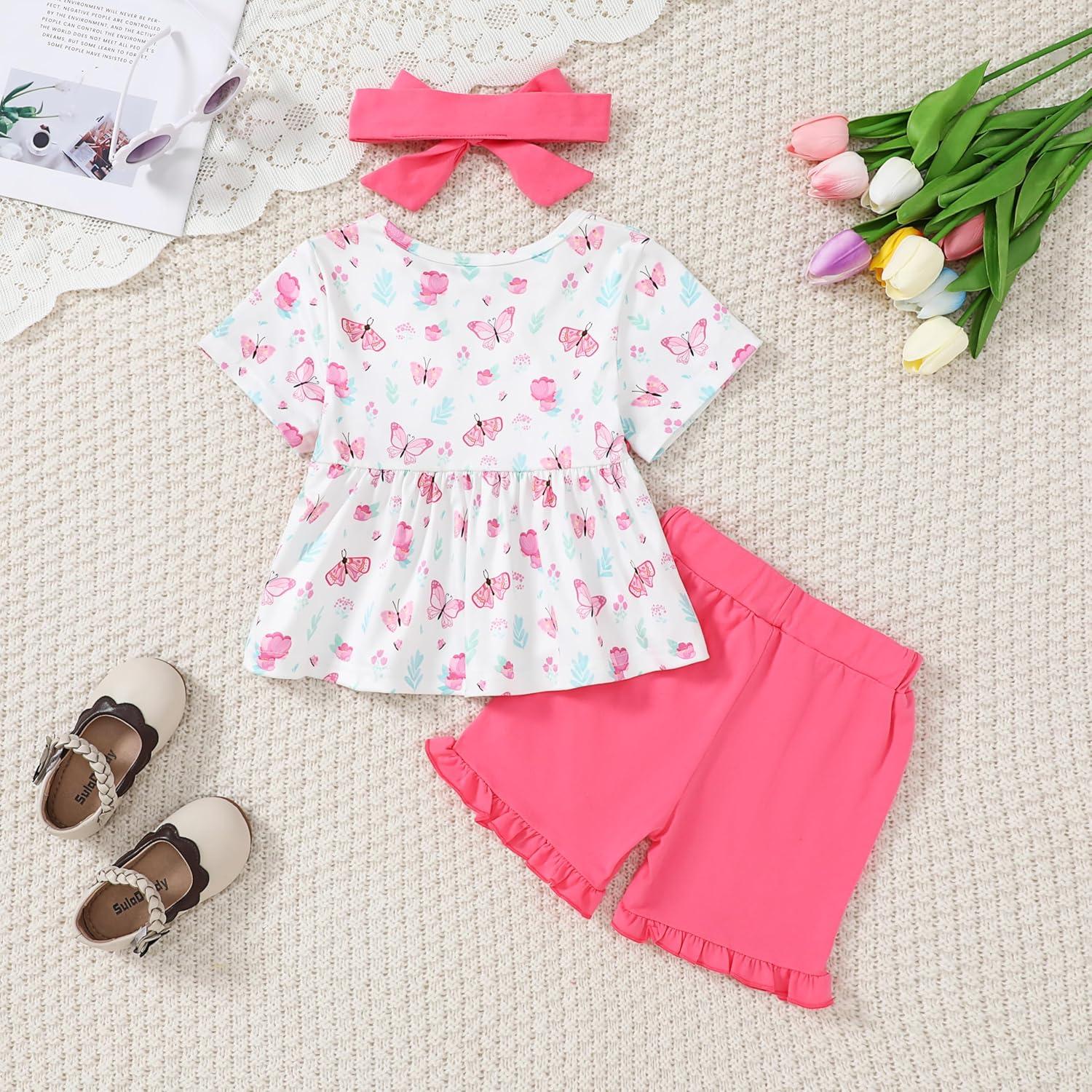 YALLET Conjunto Ropa Verano Niña 3 Piezas Rosa 6-12 Meses