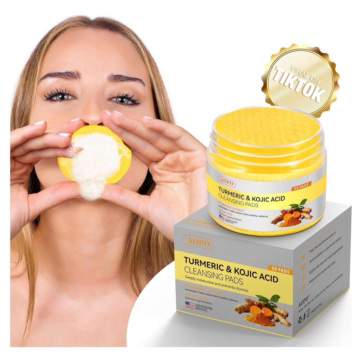 Almohadillas de Limpieza Facial AOPO con Ácido Kójico y Cúrcuma - 50 Pcs