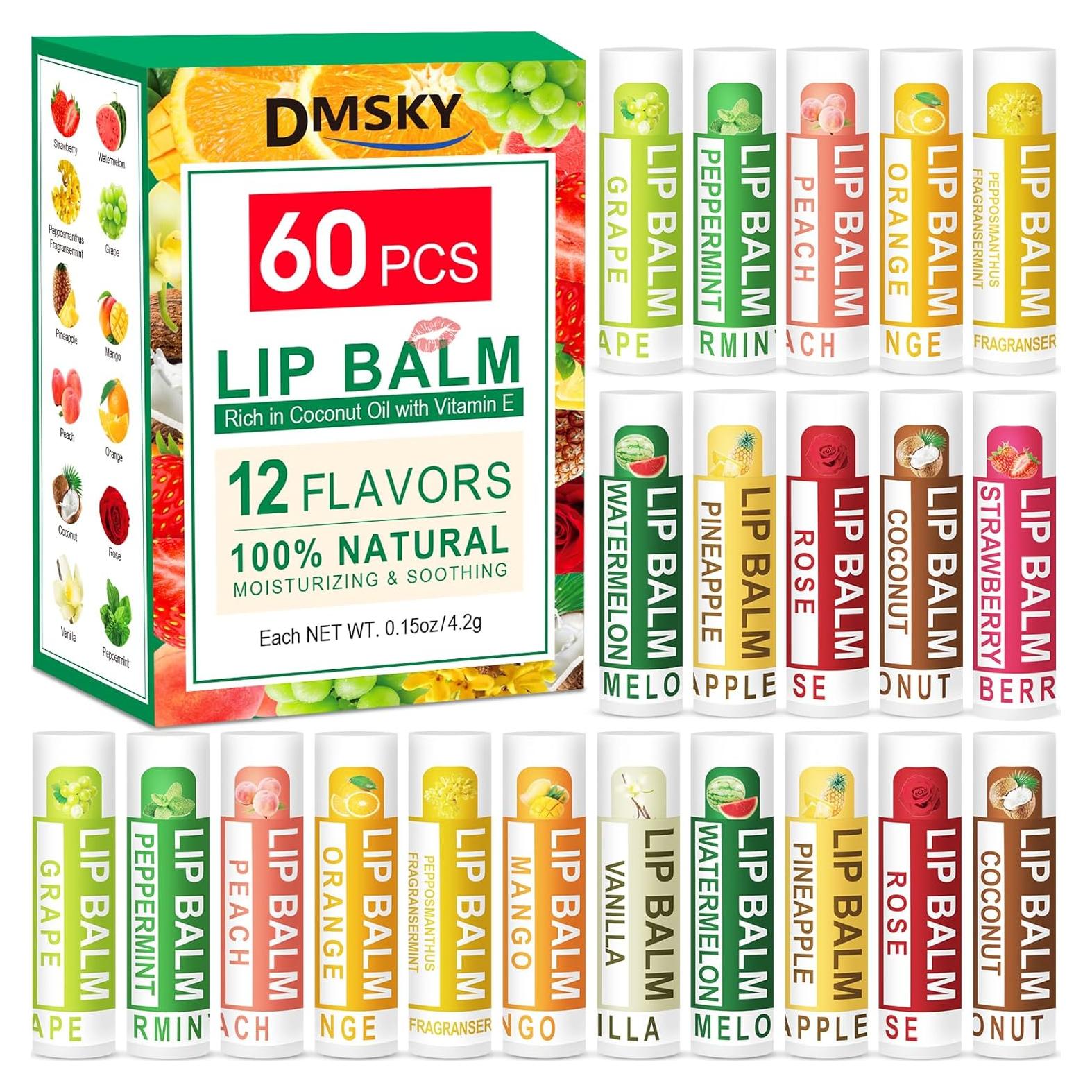 Bálsamo Labial Natural DMSKY 60 Tubos Hidratantes 12 Sabores