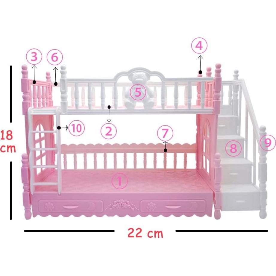 Ropa para muñecas 13.46 cm + Cama litera rosa + 6 trajes