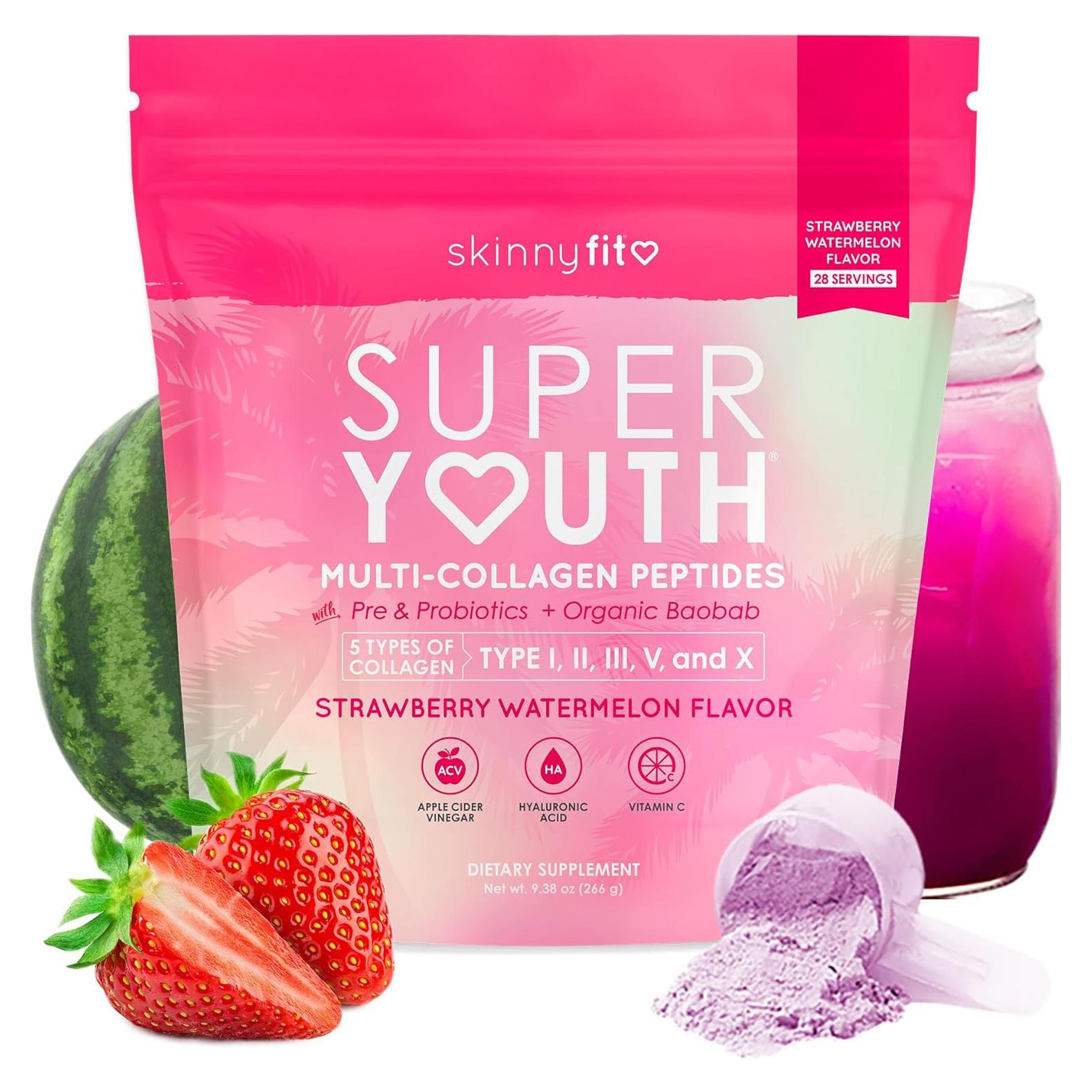 SkinnyFit Super Juventud - Colágeno en Polvo Sabor Sandía de Fresa 30 Porciones