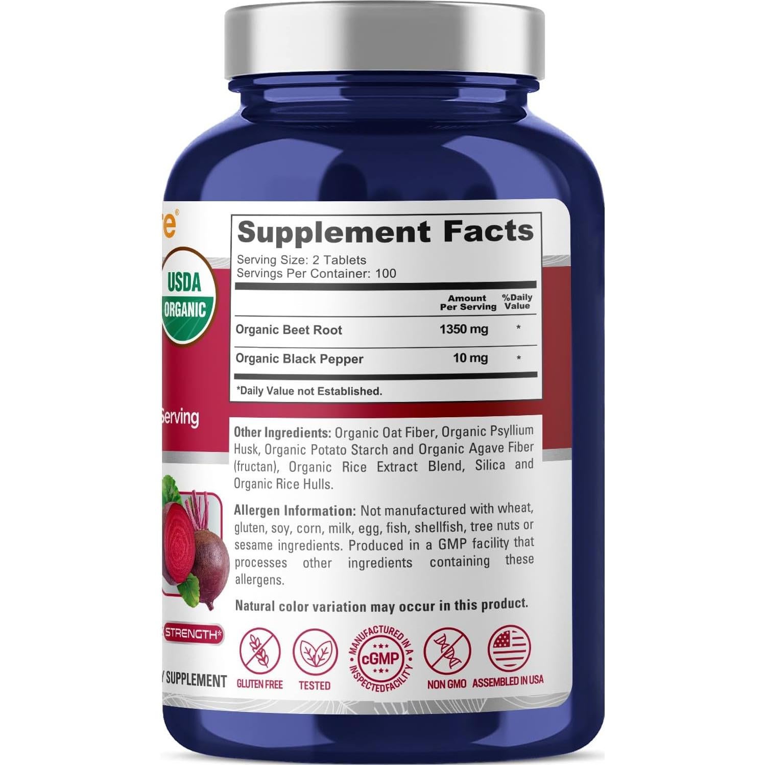 Tabletas de Raíz de Remolacha Orgánica NusaPure 1350 mg 200 Unidades