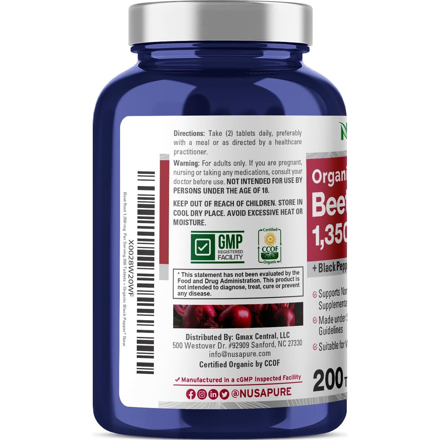 Tabletas de Raíz de Remolacha Orgánica NusaPure 1350 mg 200 Unidades