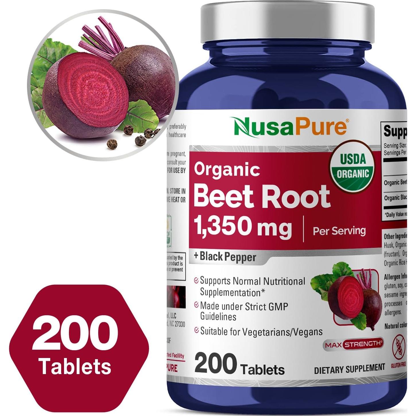 Tabletas de Raíz de Remolacha Orgánica NusaPure 1350 mg 200 Unidades