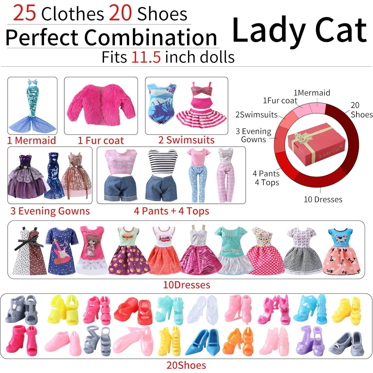 Set de Ropa y Zapatos para Muñeca Lady Cat 29.21 cm - 25 Piezas