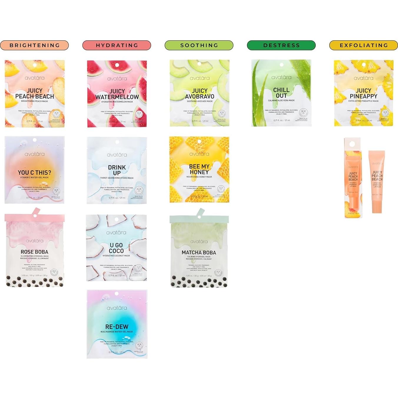 Conjunto de 10 Mascarillas Faciales Avatara - Hidratantes y Naturales