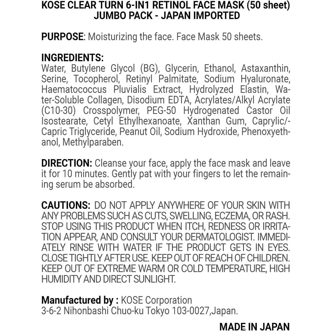 Mascarilla Facial Kose Clear Turn 6-en-1 Retinol 50 Hojas