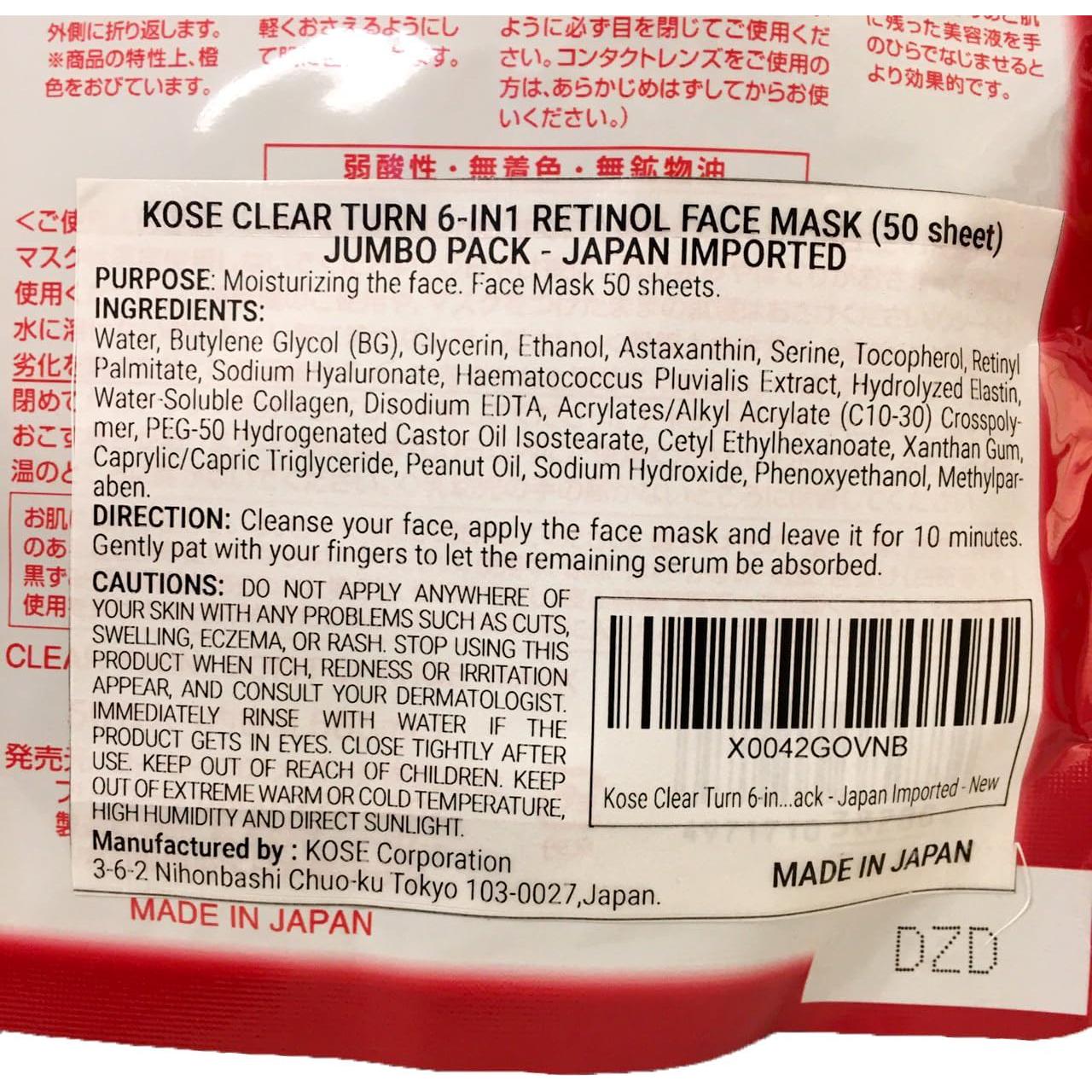 Mascarilla Facial Kose Clear Turn 6-en-1 Retinol 50 Hojas