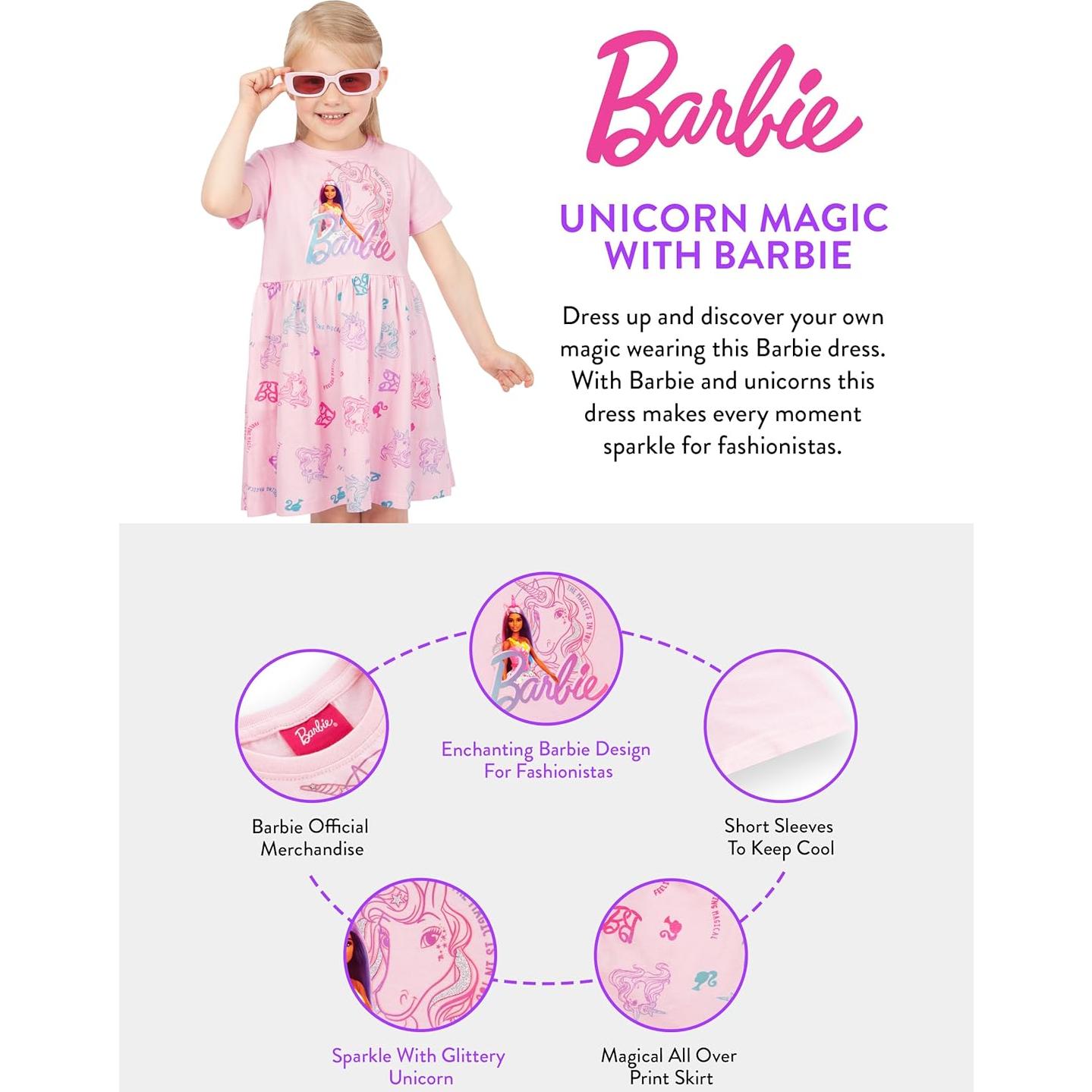 Vestido de Unicornio Barbie para Niñas | Manga Corta Rosa