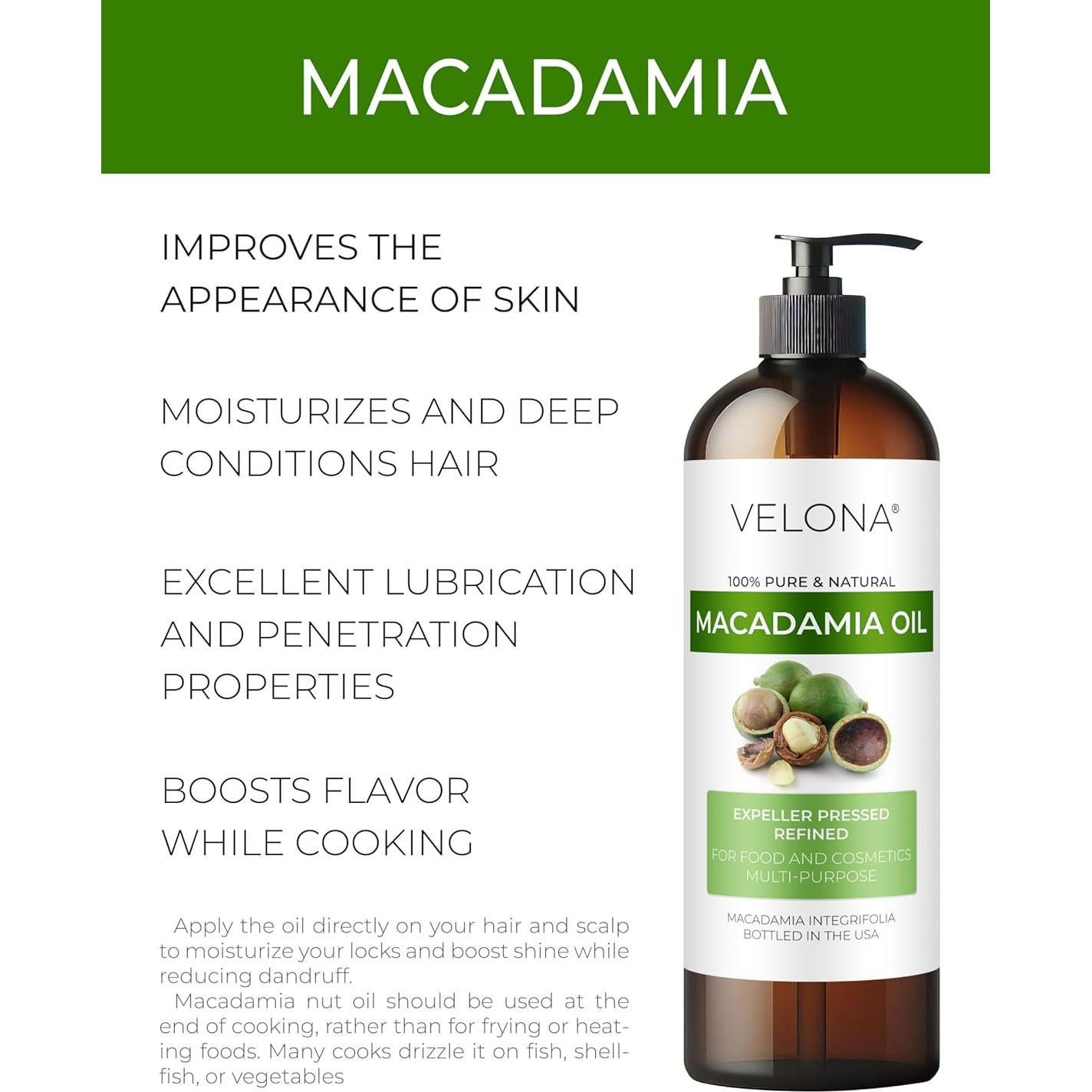 Aceite de Nuez de Macadamia 473 ml Velona - 100% Puro y Natural