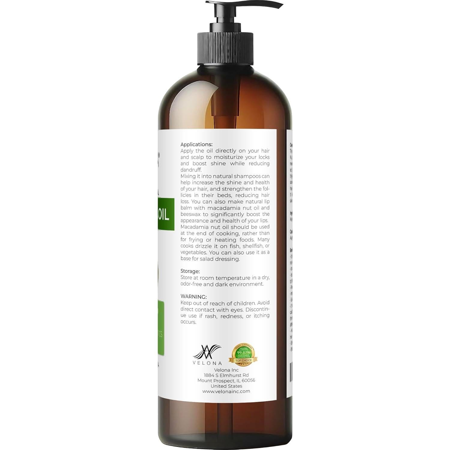 Aceite de Nuez de Macadamia 473 ml Velona - 100% Puro y Natural
